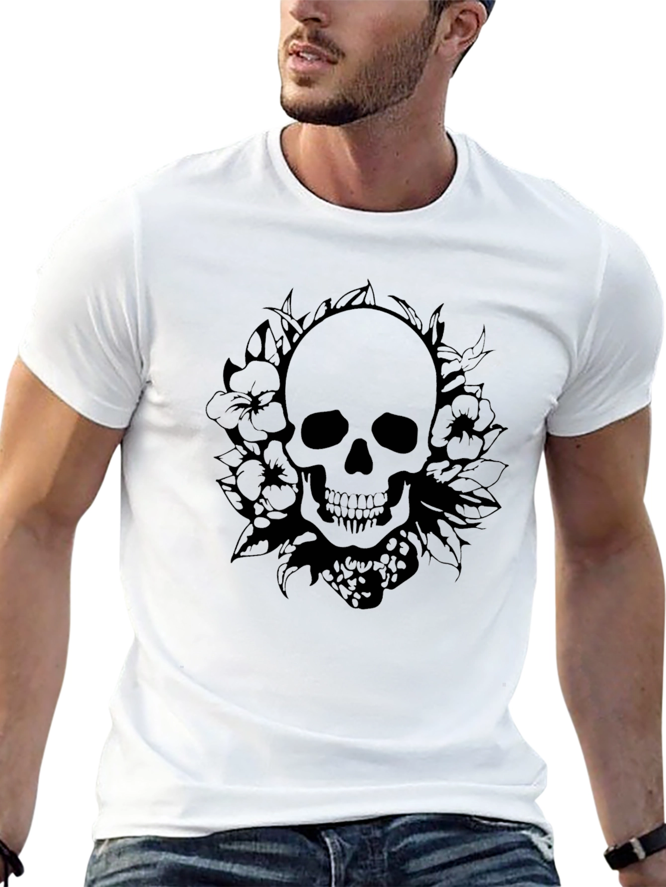 Black Skull & Floral Graphic Tee - Black Cotton Blend view 13