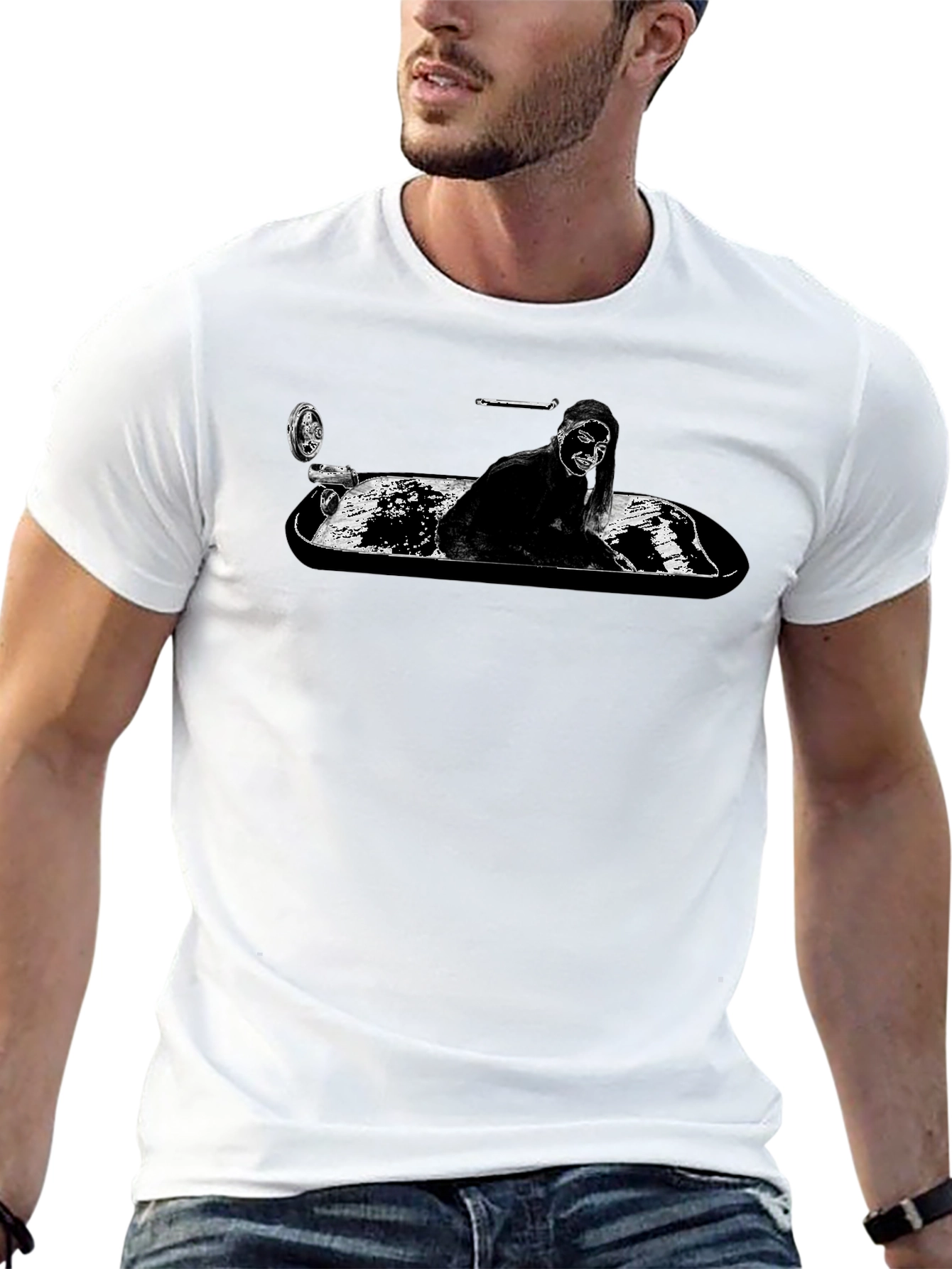 Black Monochrome T-Shirt - Woman in Tub Graphic Tee view 13