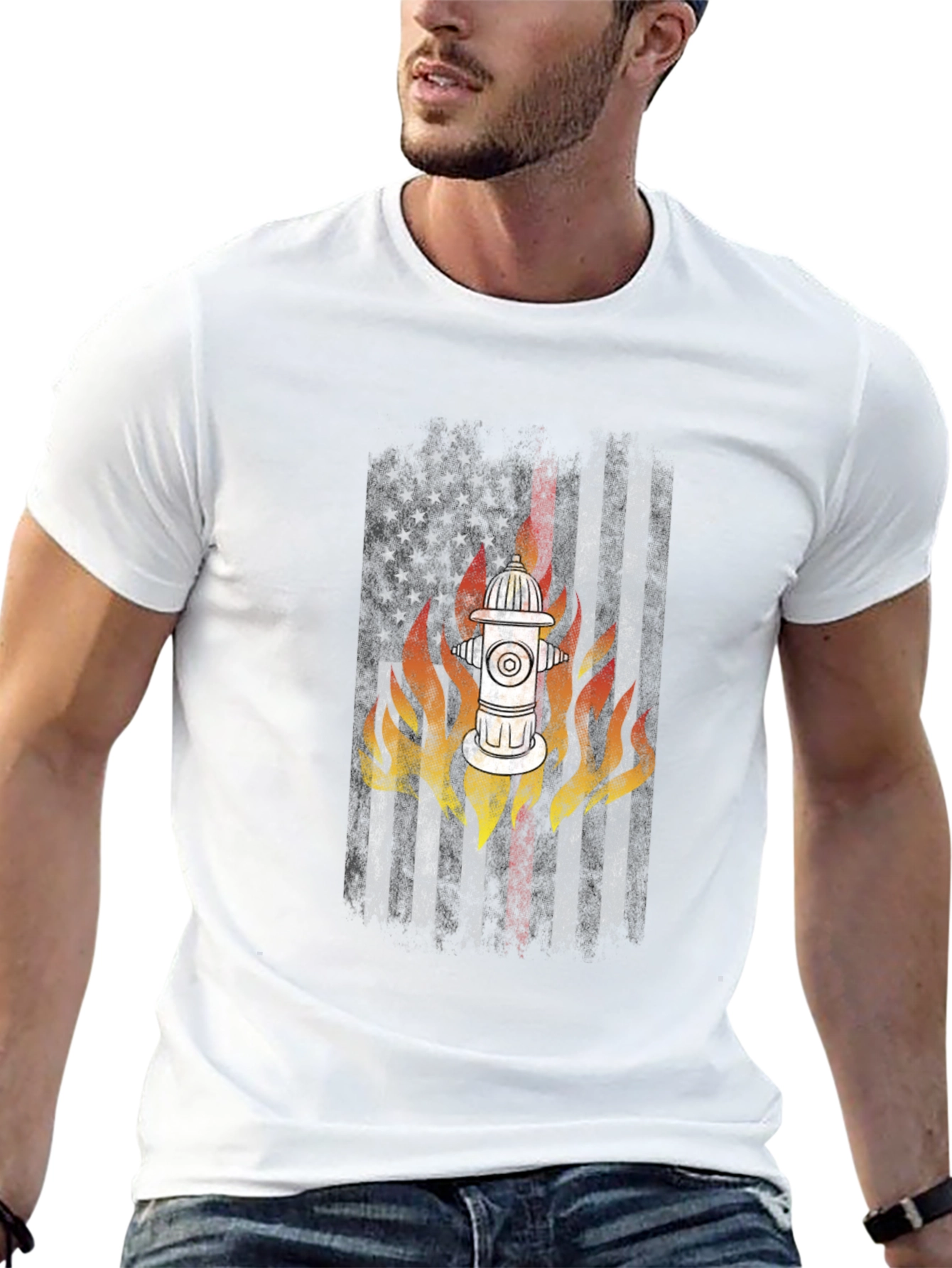 Black Firefighter USA Flag Hydrant T-Shirt view 13