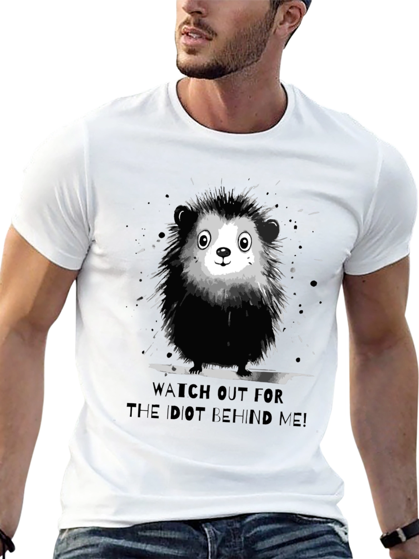 Black Funny Hedgehog Graphic Tee - Watch Out For The Idiot Behind Me! view 13