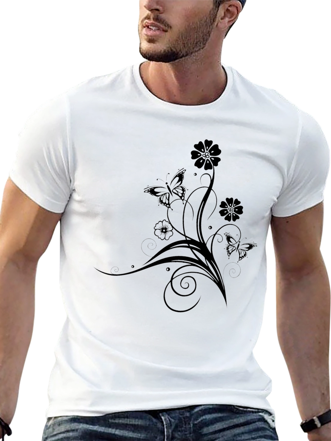 Black Elegant Black Tee with Floral Butterfly Design view 13