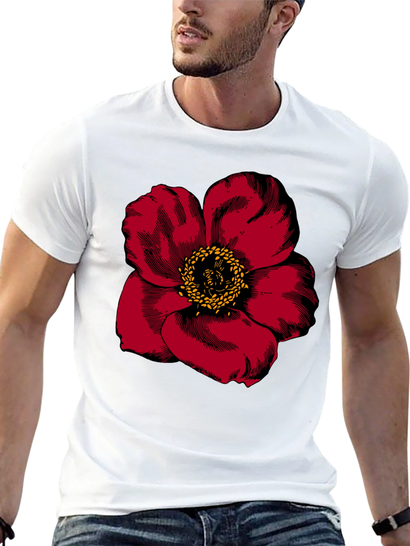 Black Bold Red Flower Graphic Tee - Men's Black T-Shirt view 13