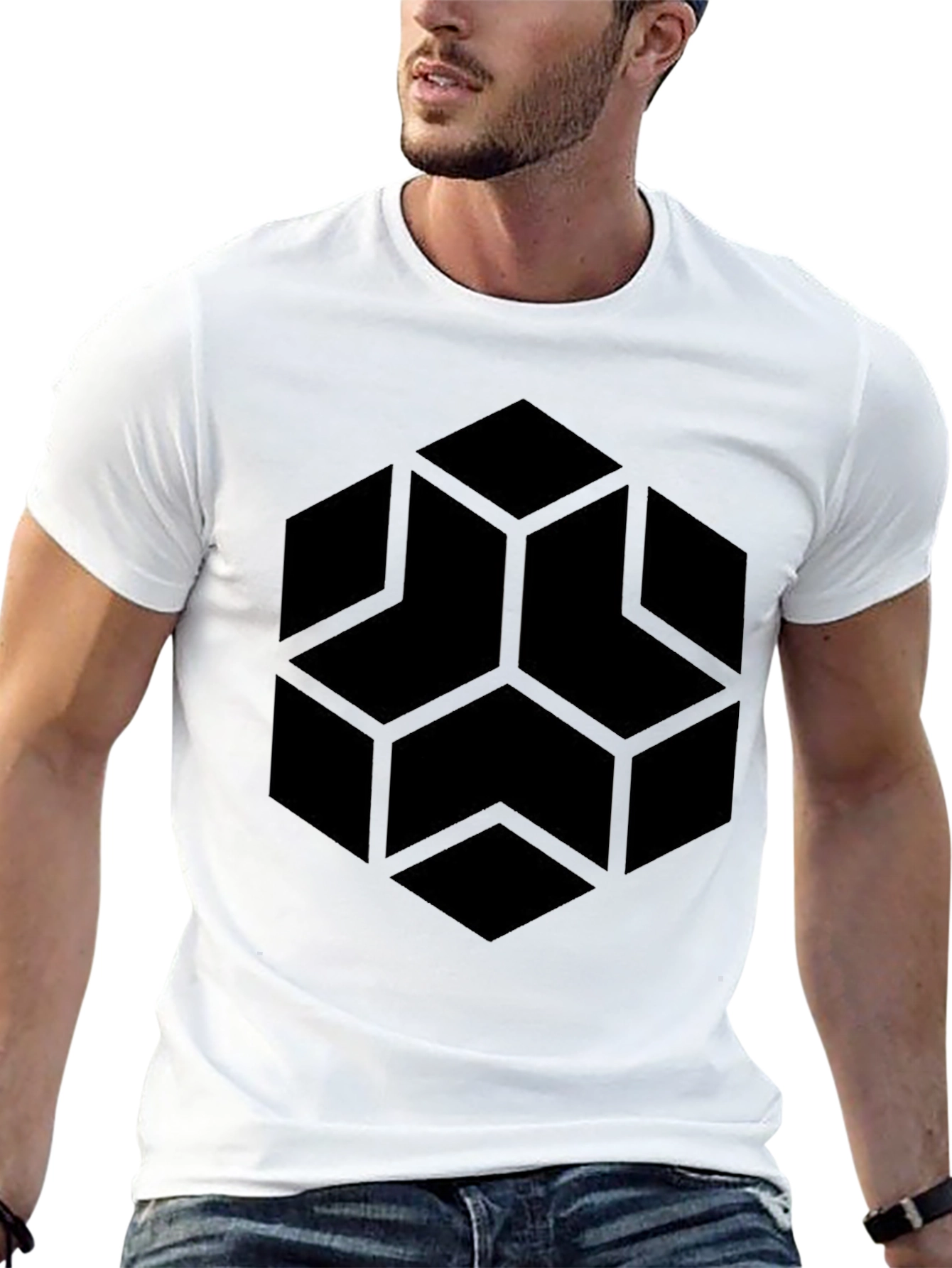 Black Geometric Hexagon Graphic Black T-Shirt view 13