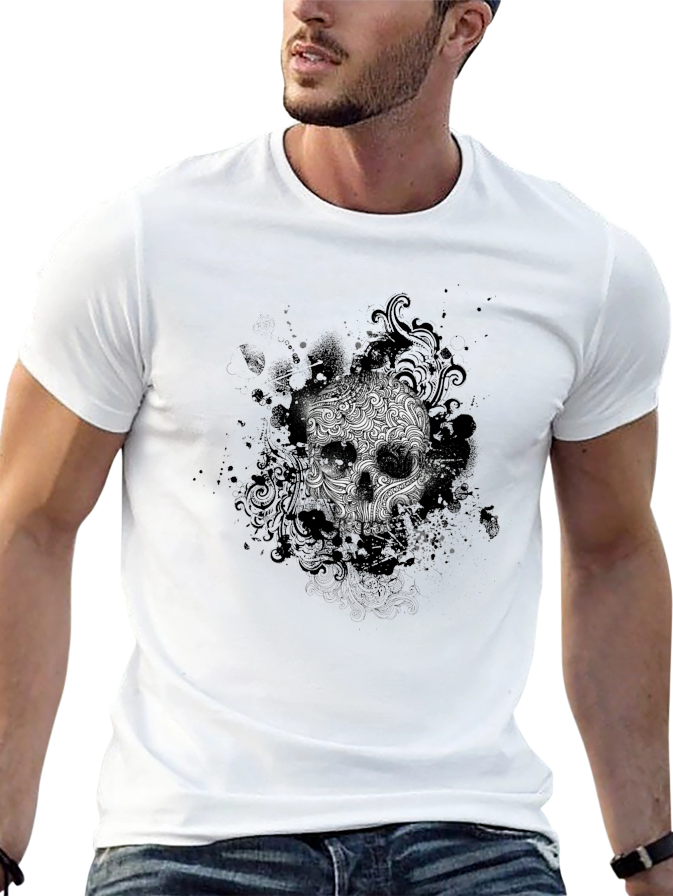 Black Skull Graphic Black T-Shirt - Artistic Design view 13
