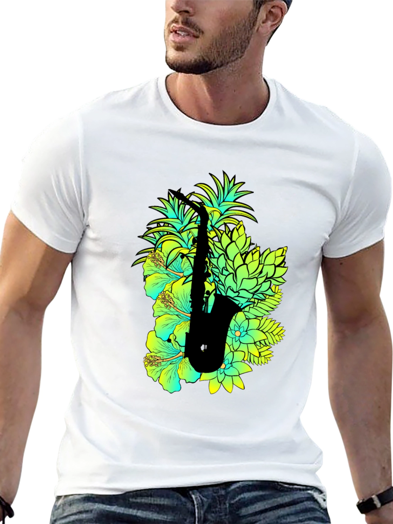 Black Tropical Saxophone Graphic Black T-Shirt view 13