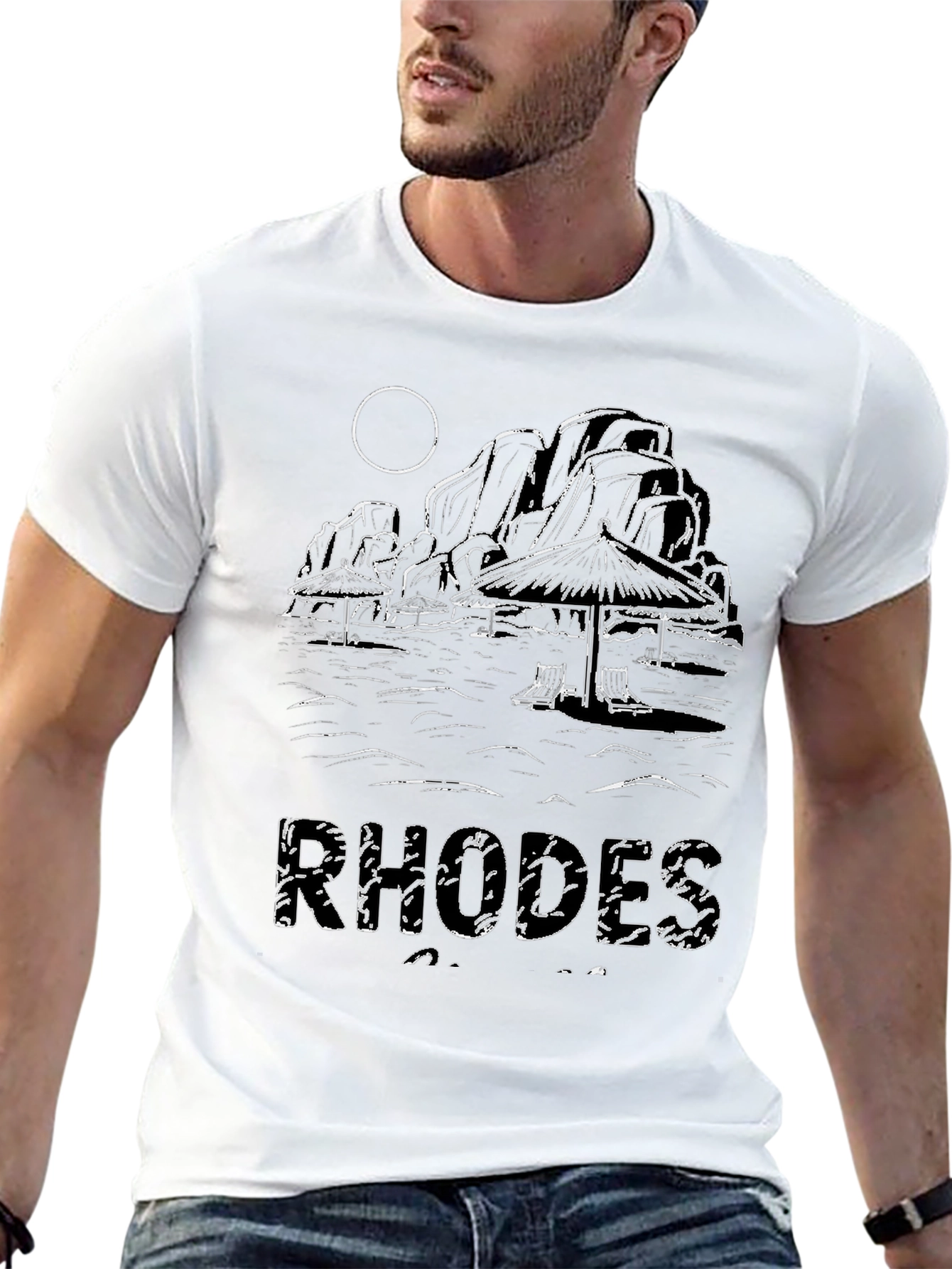 Black Rhodes Beach Scene Black T-Shirt view 13