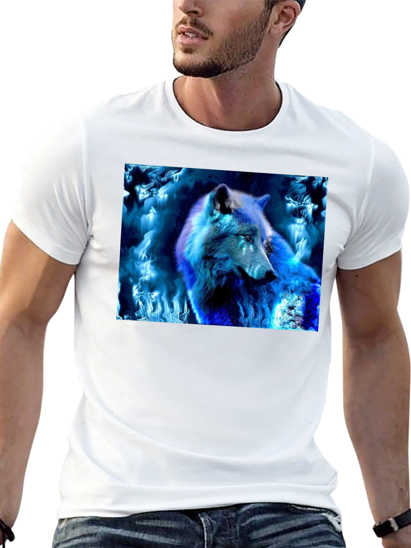 Black Blue Fire Wolf Graphic Tee - Black Cotton Blend view 13