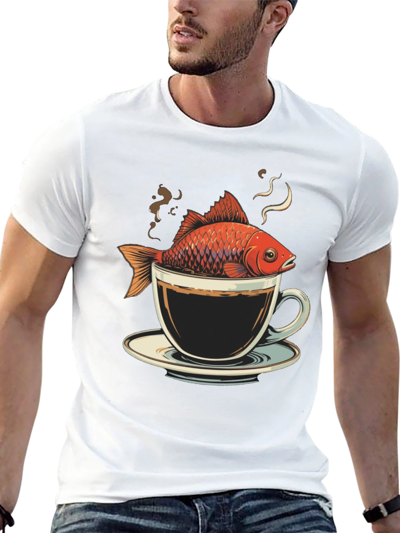 Black Fish in Coffee Cup T-Shirt - Unique Graphic Tee view 13