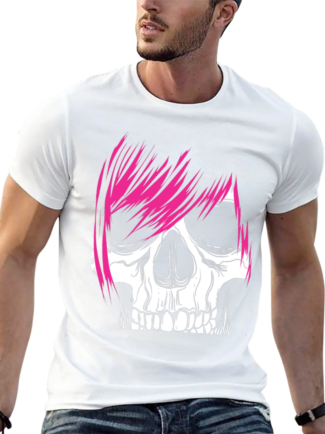 Skull with Pink Hair Graphic Tee - Men's Black T-Shirt - 13