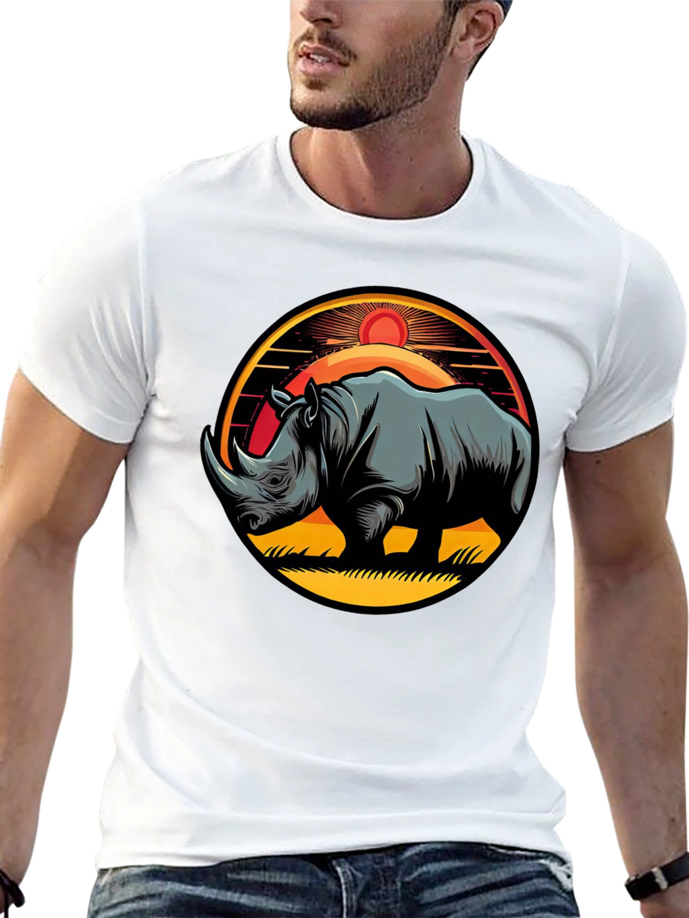 Black Rhino Sunset Graphic Tee - Stylish Men's Black T-Shirt view 13