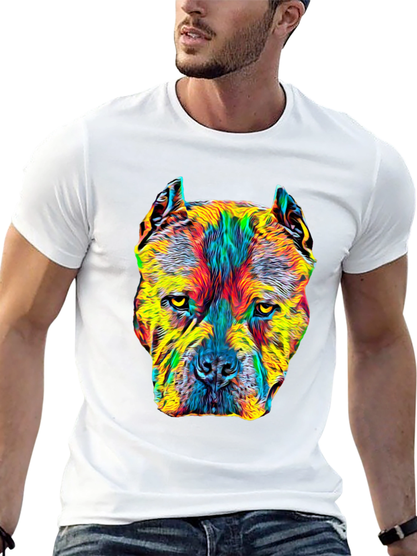 Black Colorful Pitbull Dog Graphic Print Black T-Shirt view 13