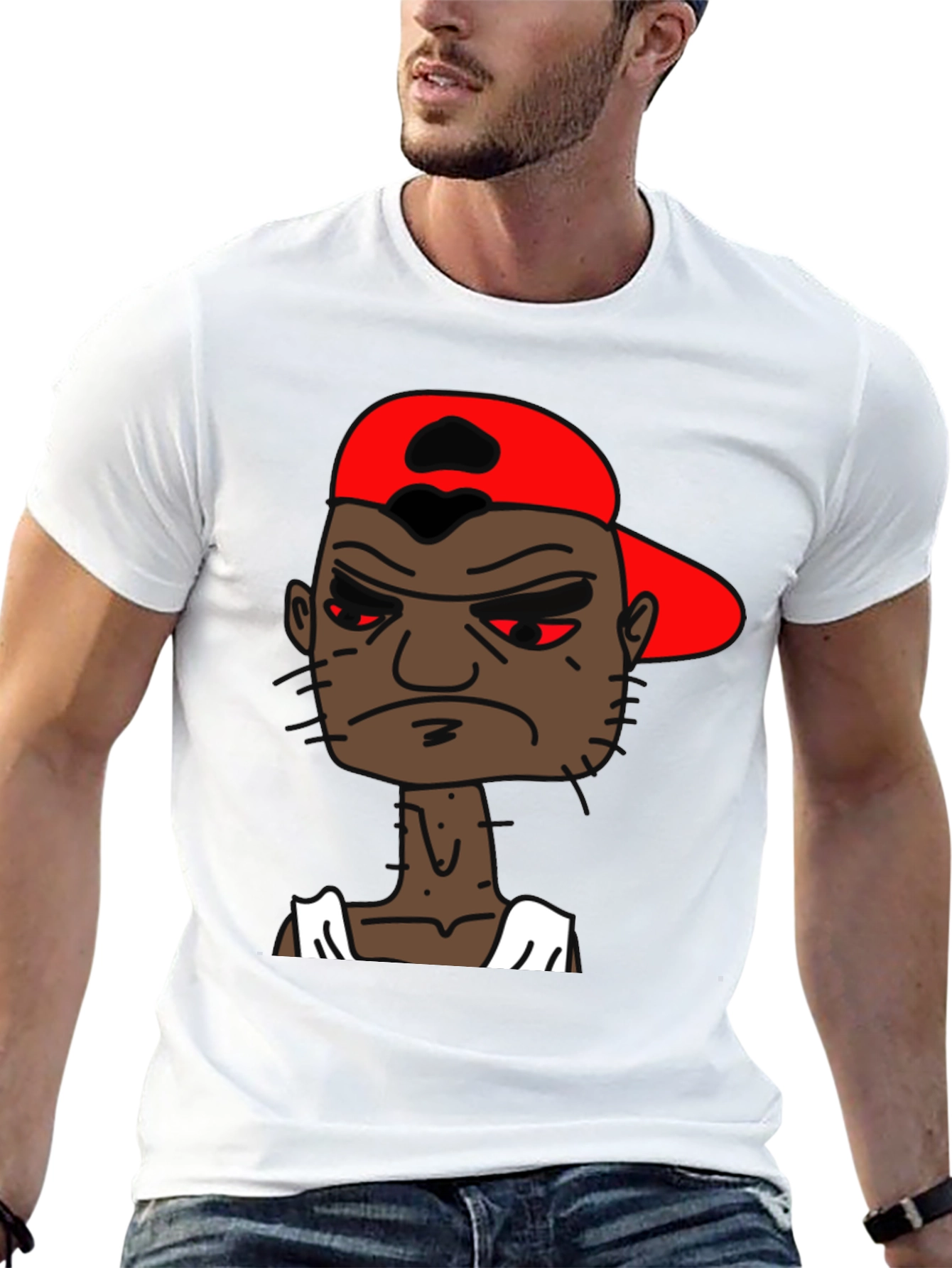 Black Cartoon Character Graphic Tee - Angry Man in Red Hat view 13