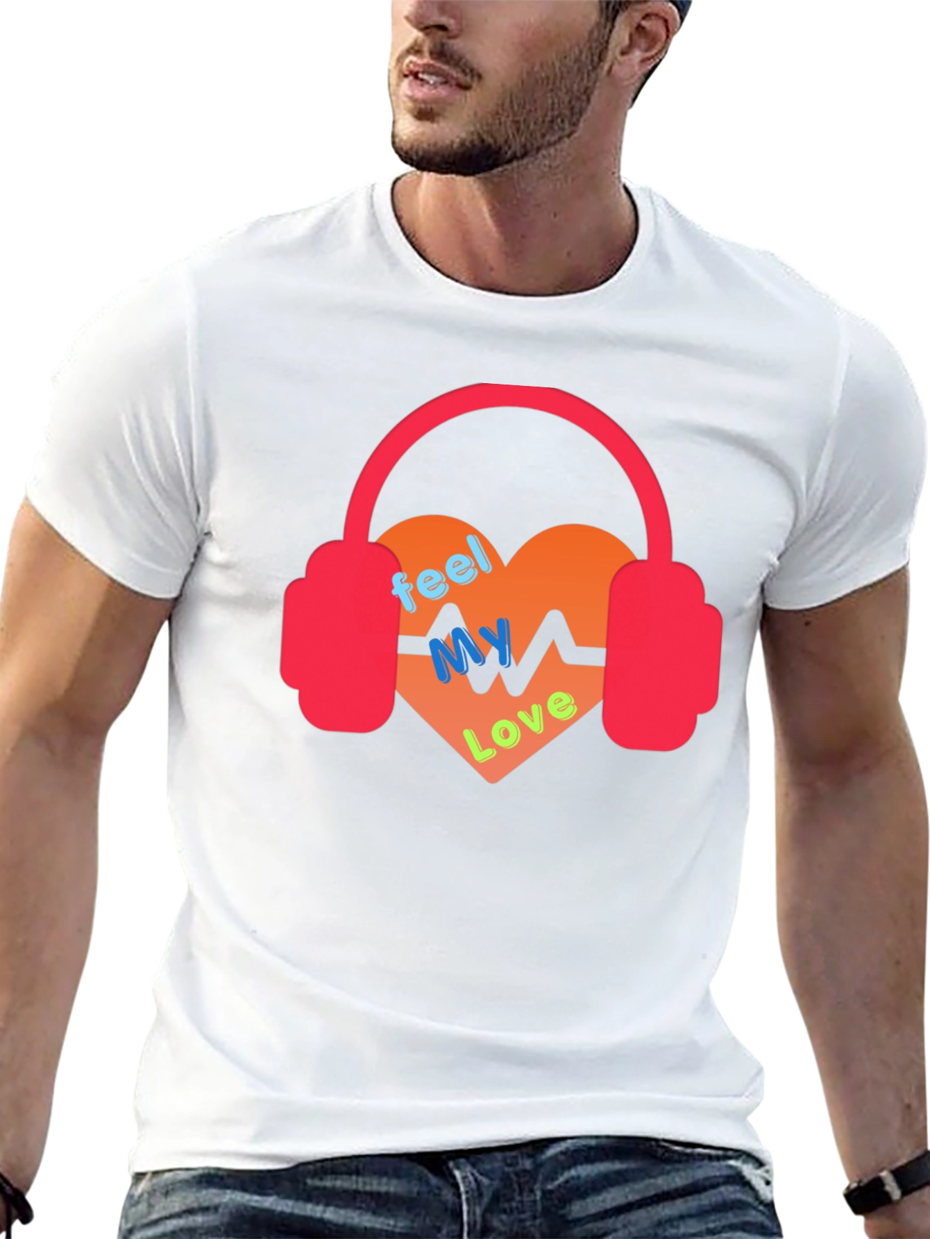 Black Feel My Love Heartbeat Headphones Graphic Tee view 13