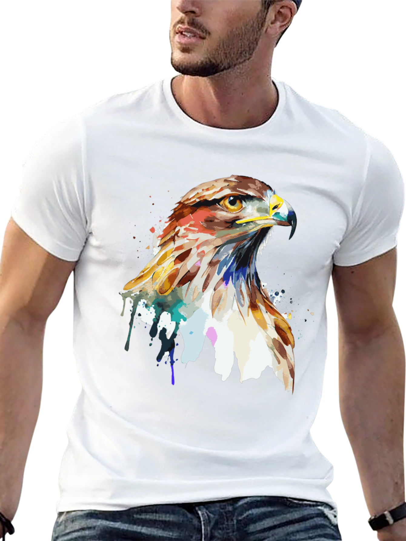 Black Watercolor Hawk Graphic Tee - Men's Black T-Shirt view 13