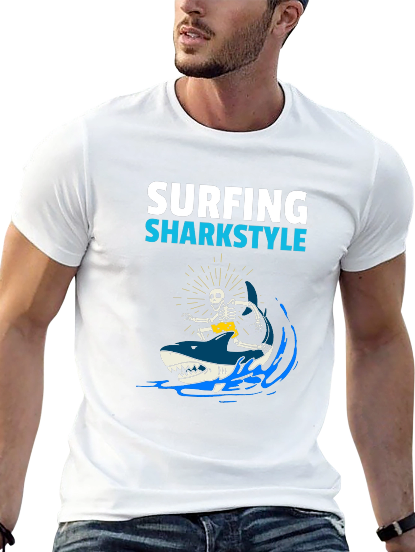 Black Surfing Sharkstyle Skeleton Graphic T-Shirt view 13