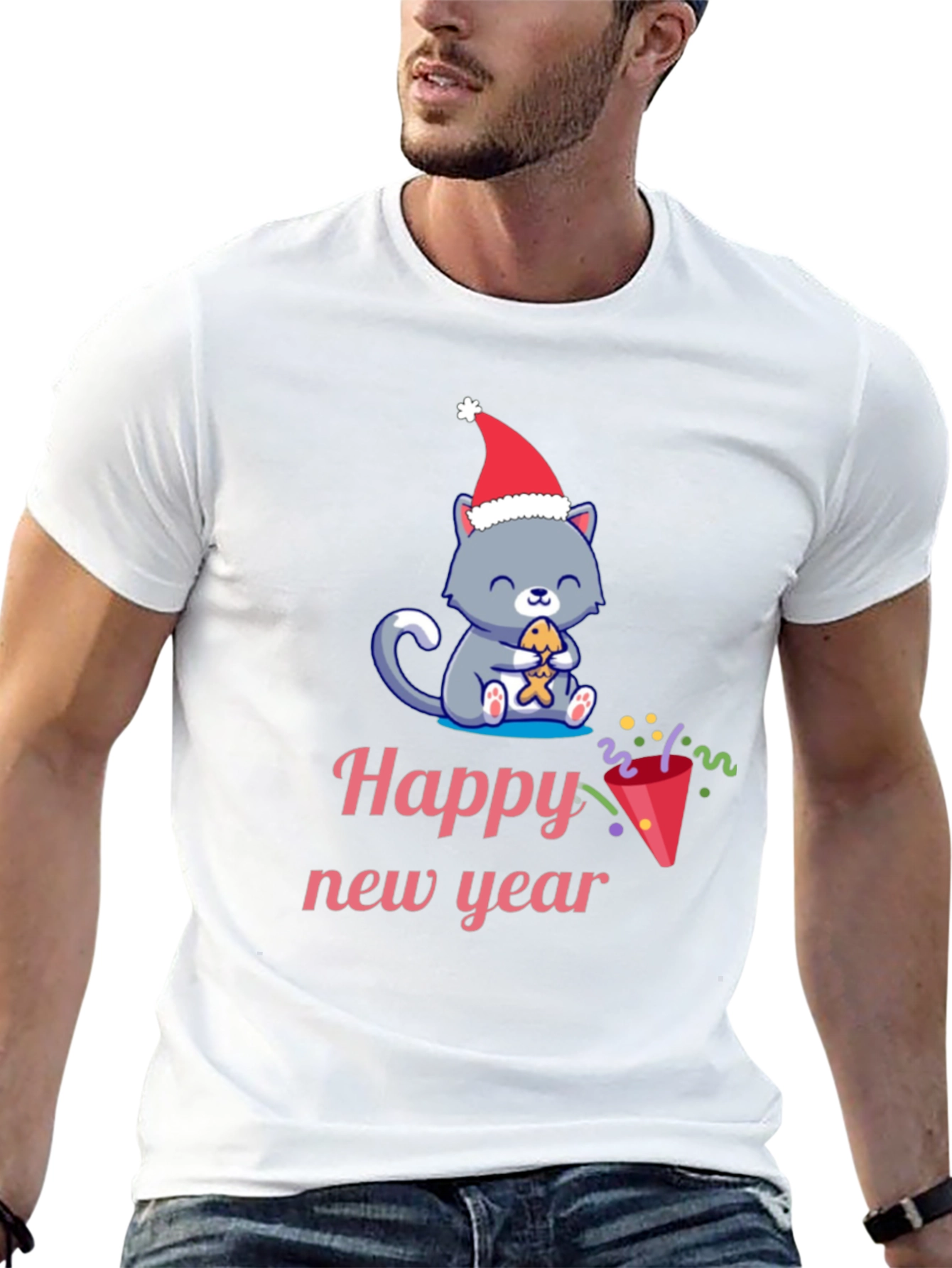 Black Festive Happy New Year Cat T-Shirt view 13