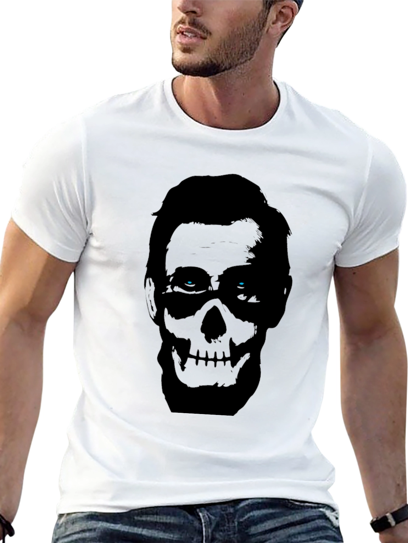 Black Skull Face Graphic Print Men's Black T-Shirt view 13