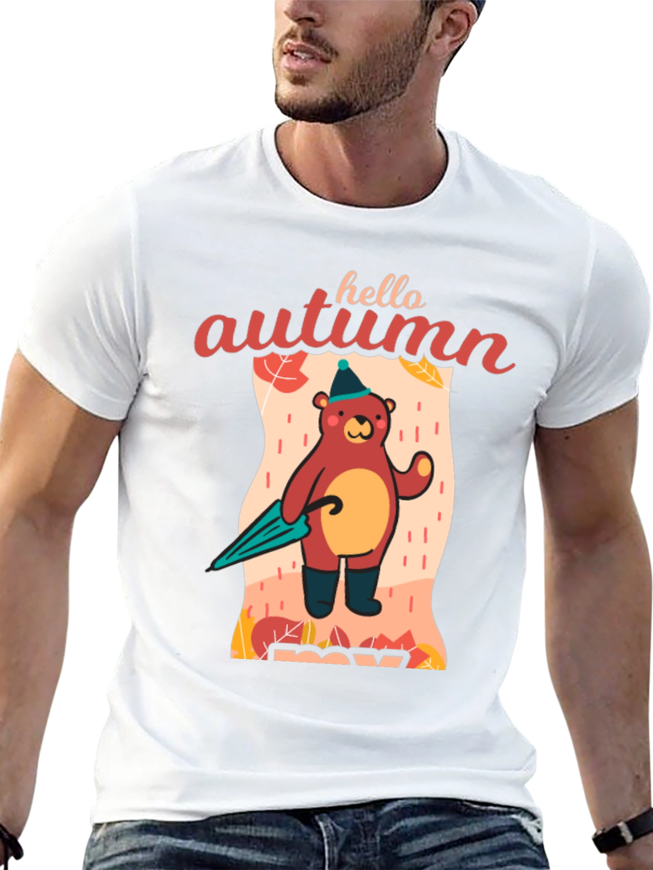 Black Hello Autumn Bear T-Shirt, Fall Season Apparel view 13