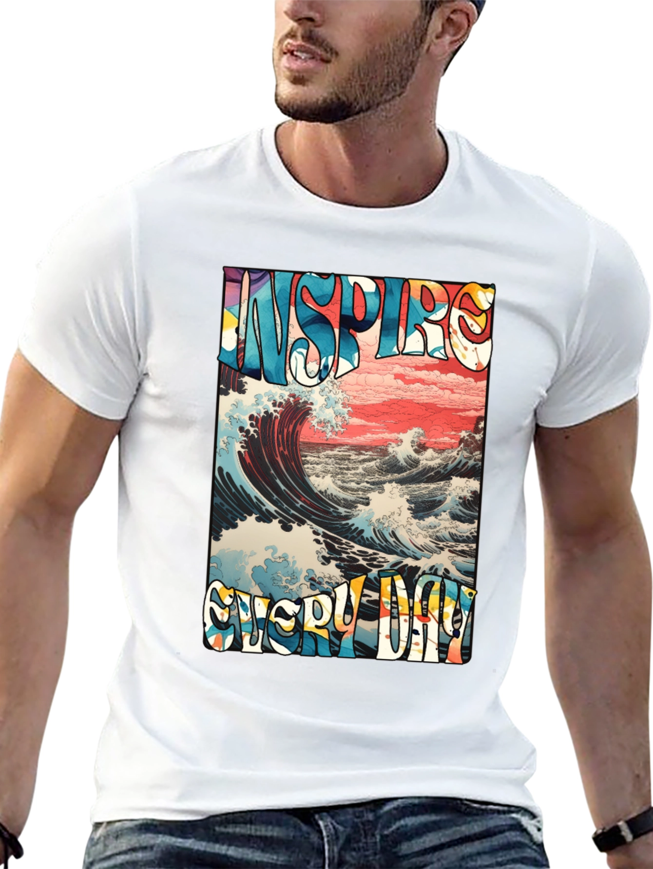 Black Inspire Every Day Graphic T-Shirt - Ocean Wave Design view 13