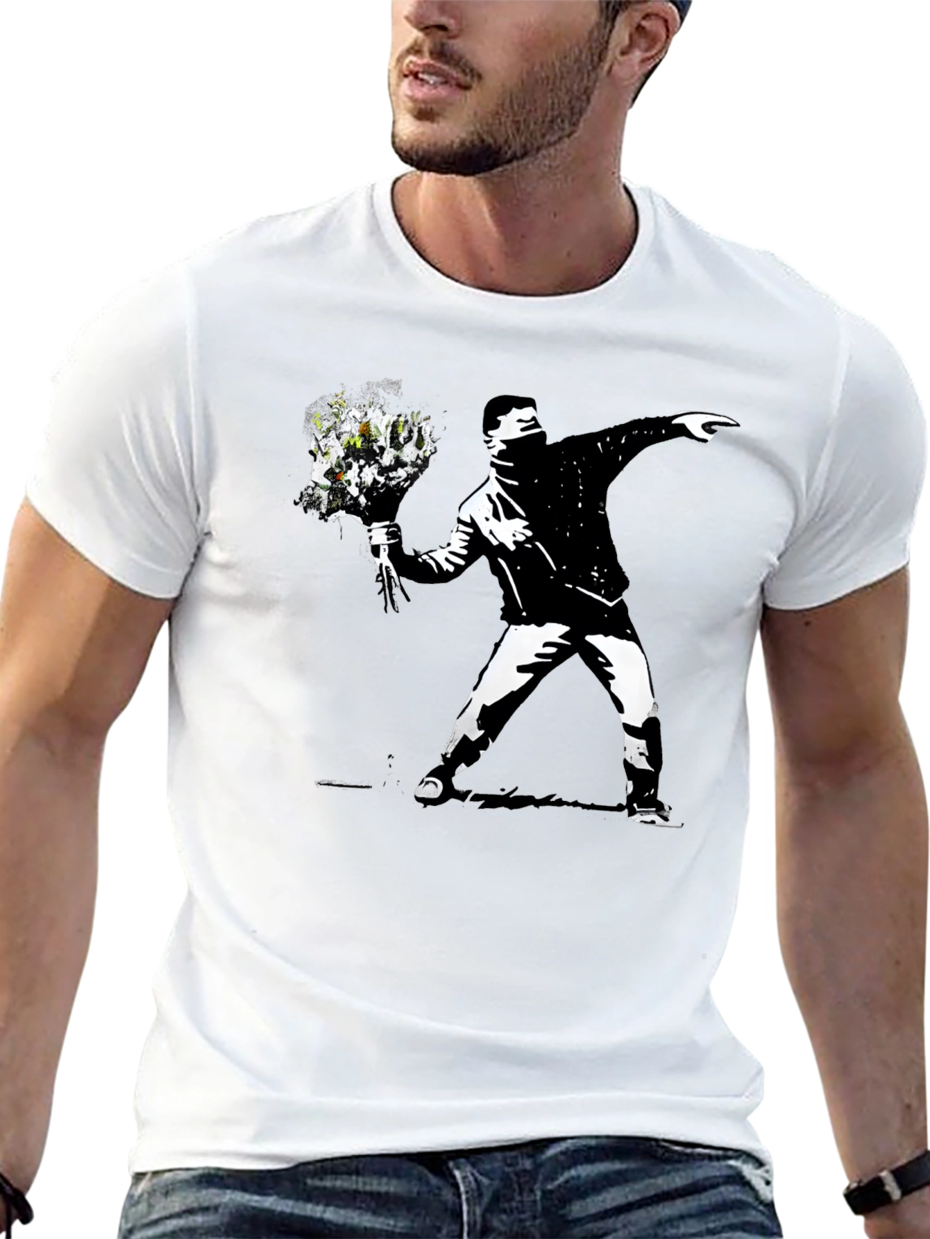 Black Banksy Flower Thrower Graphic Black T-Shirt view 13