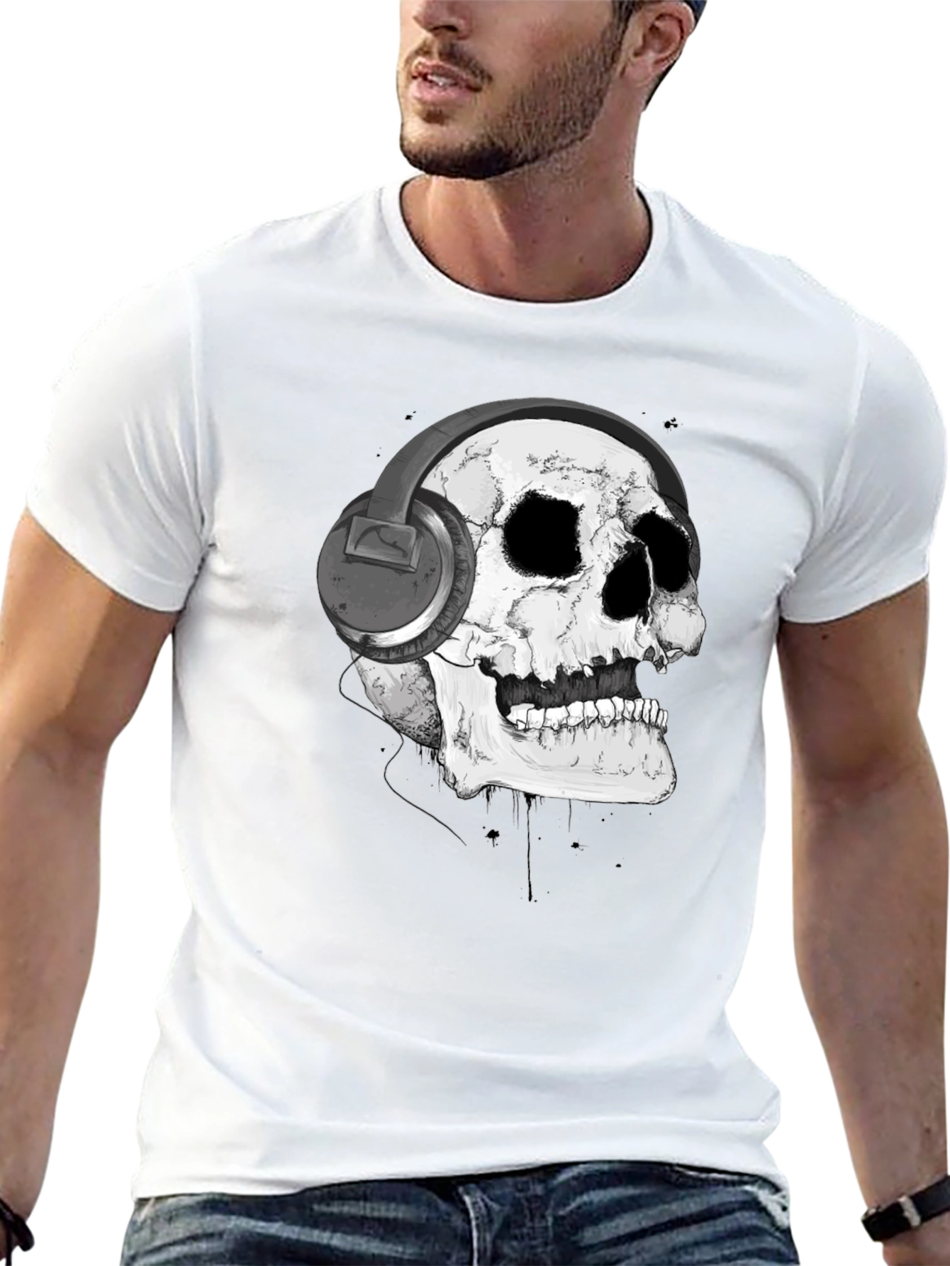 Black Skull with Headphones Graphic T-Shirt view 13