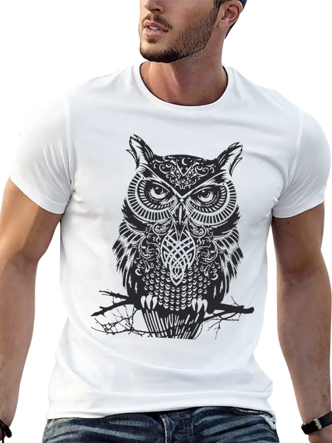 Black Men's Owl Graphic Print Black Crew Neck T-Shirt view 13