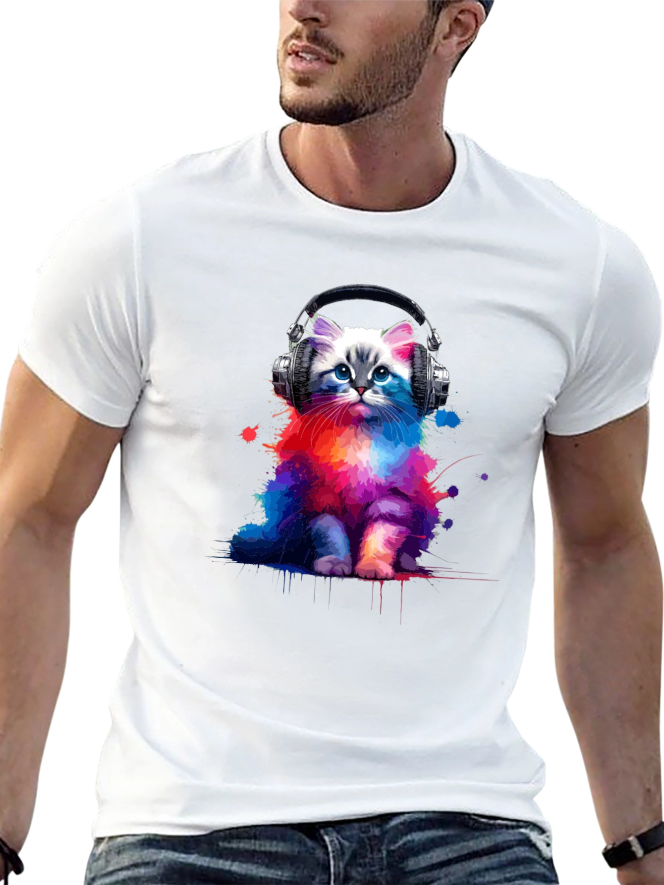 Black Colorful Cat Headphones Graphic Tee view 13