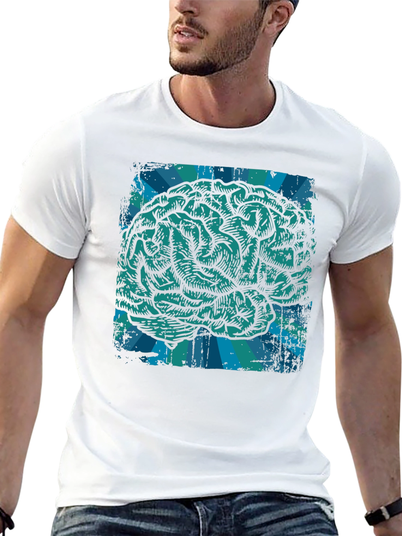 Black Brain Graphic T-Shirt - Teal Illustration on Black Cotton Tee view 13