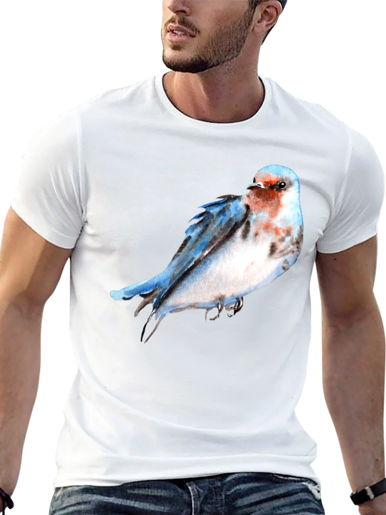 Black Watercolor Bird Print Black T-Shirt view 13