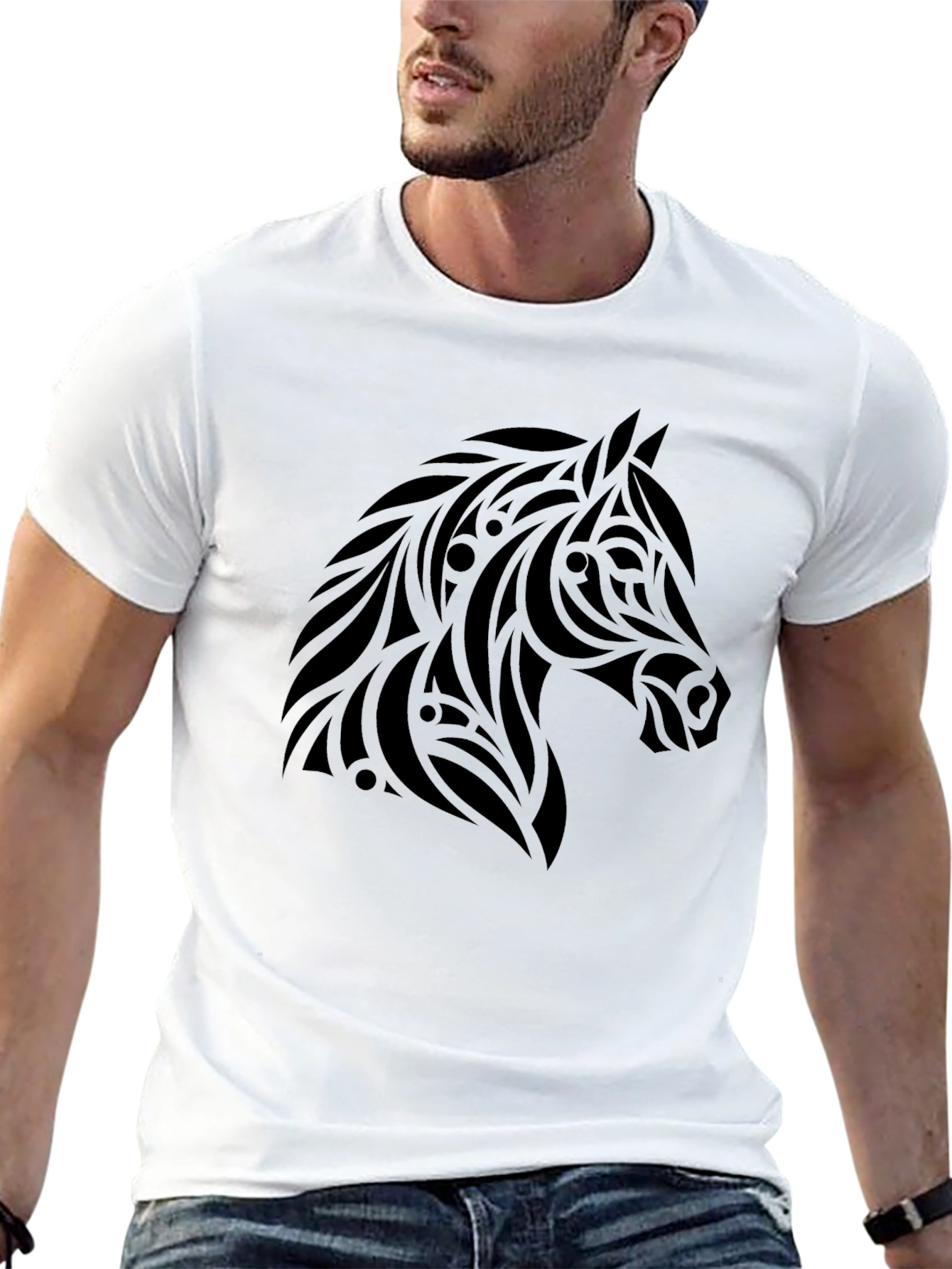 Black Tribal Horse Graphic Tee - Black Cotton Casual view 13