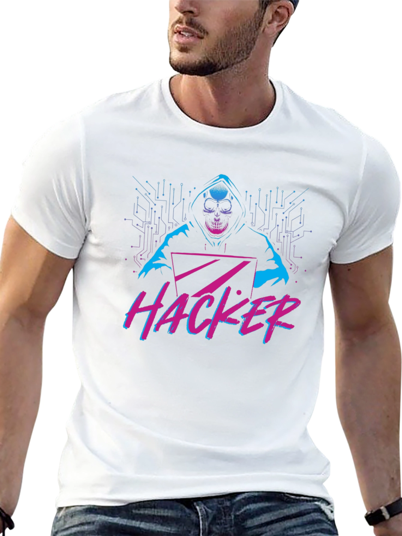 Black Hacker Graphic T-Shirt - Skull & Laptop Design view 13