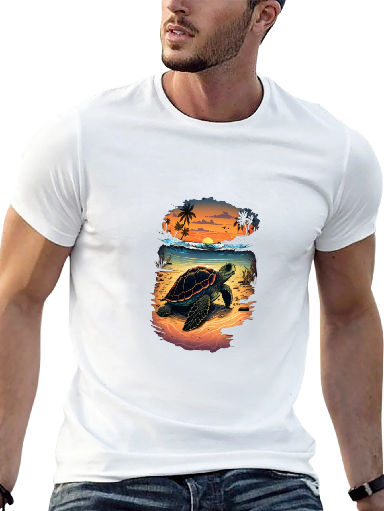 Black Sea Turtle Beach Sunset Graphic T-Shirt view 13