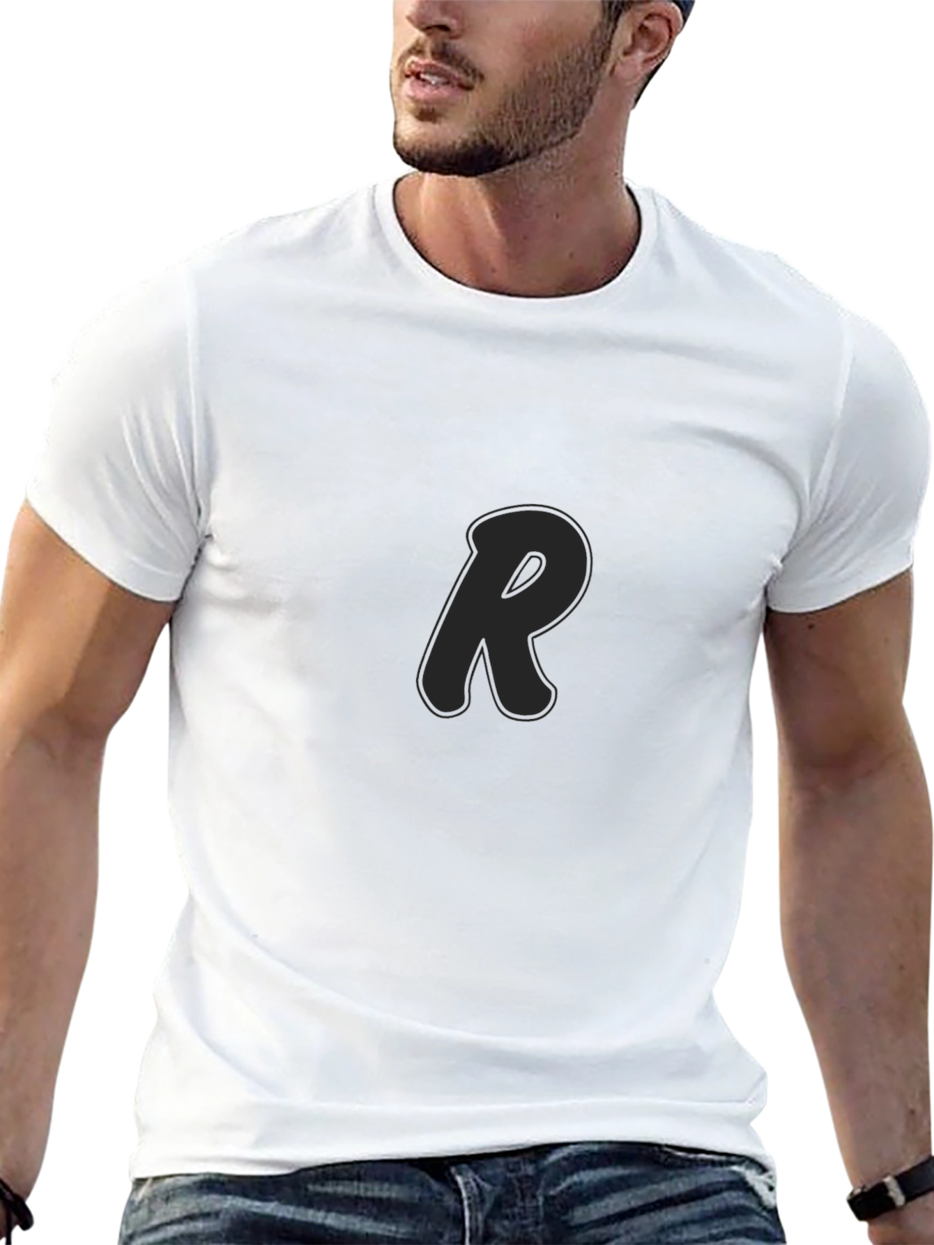 Black Men's Black T-Shirt with Letter R Design view 13