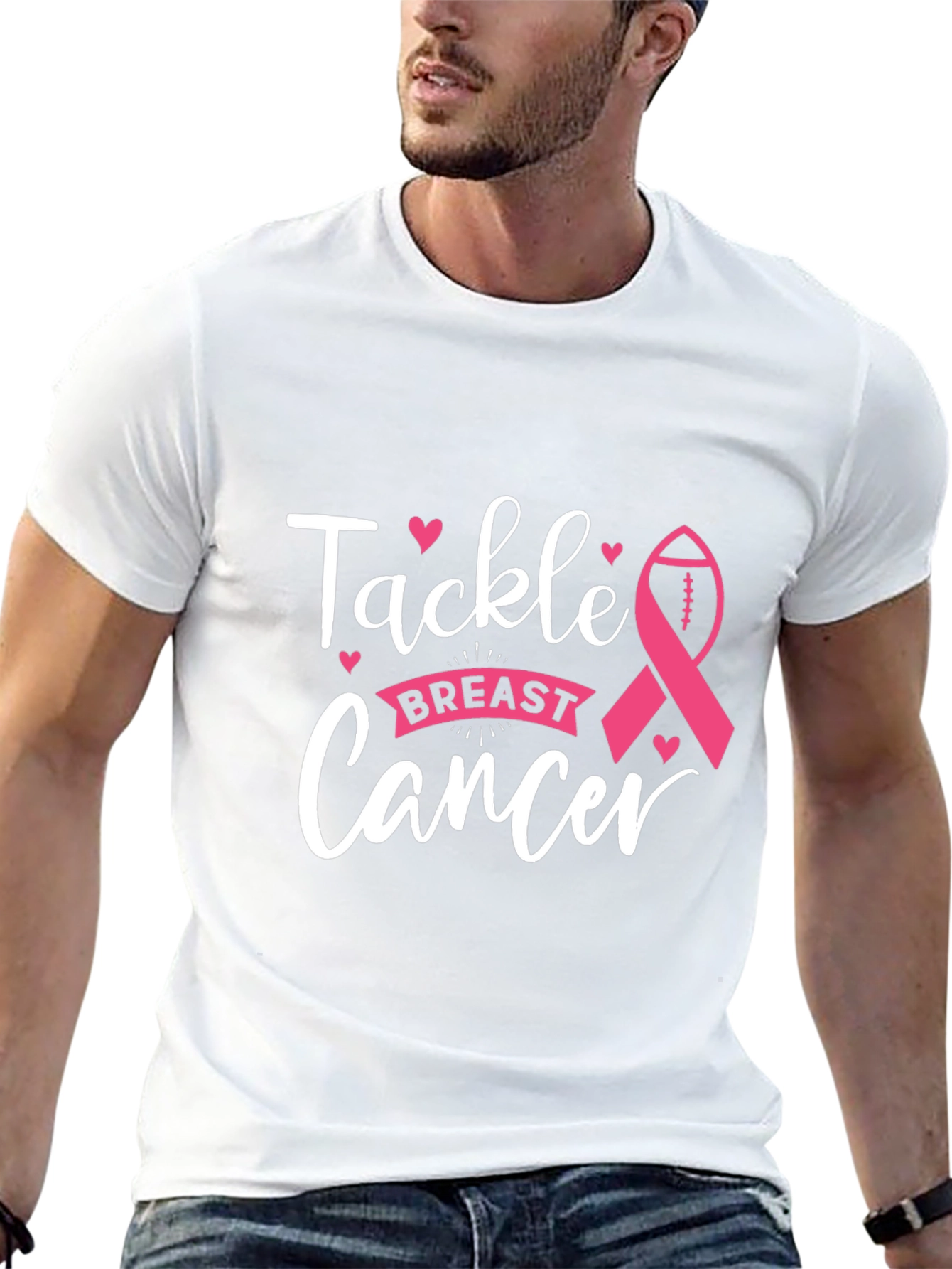 Black Tackle Breast Cancer T-Shirt, Awareness Ribbon Football Tee view 13
