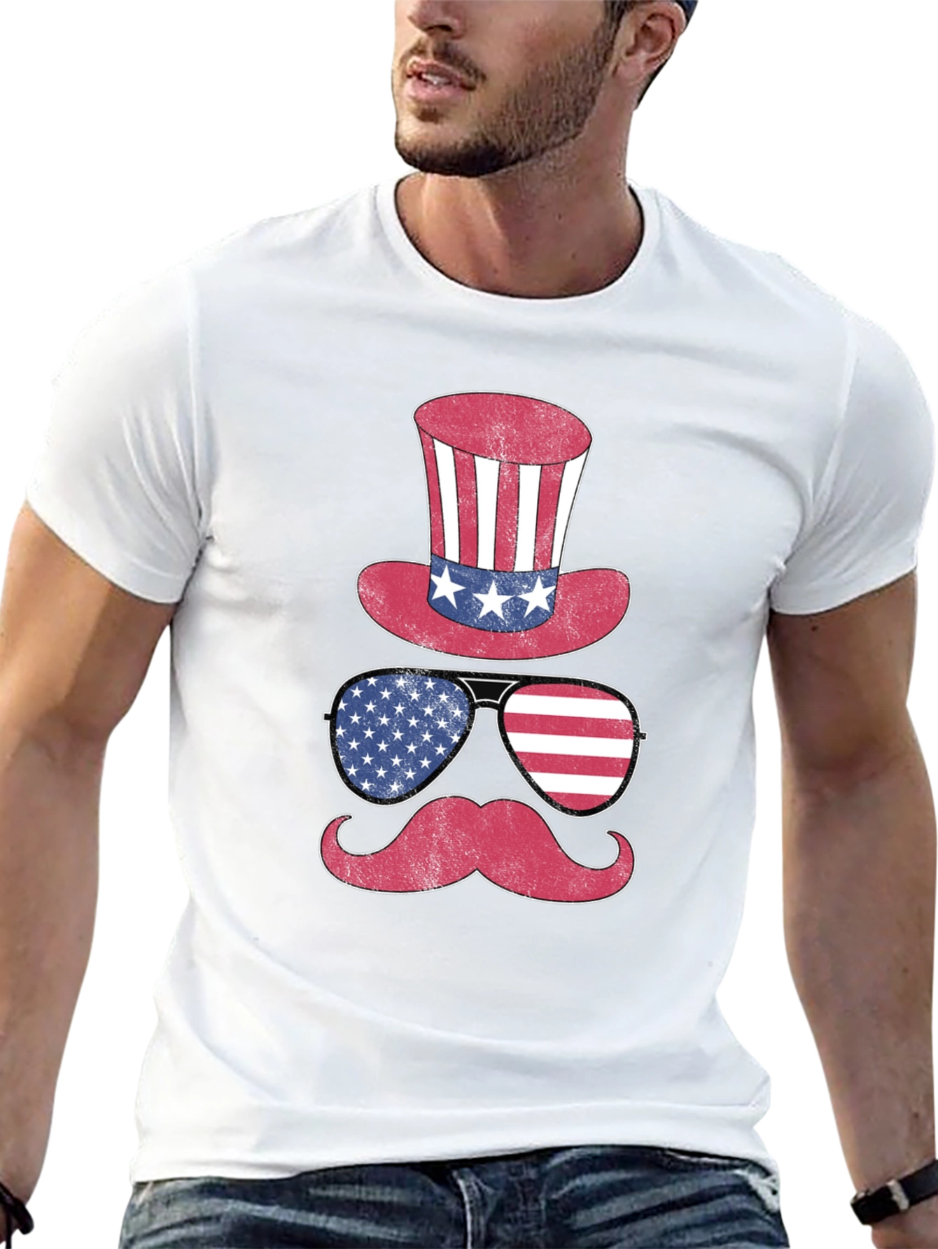 Black Patriotic Hat Glasses Mustache Men's T-Shirt view 13