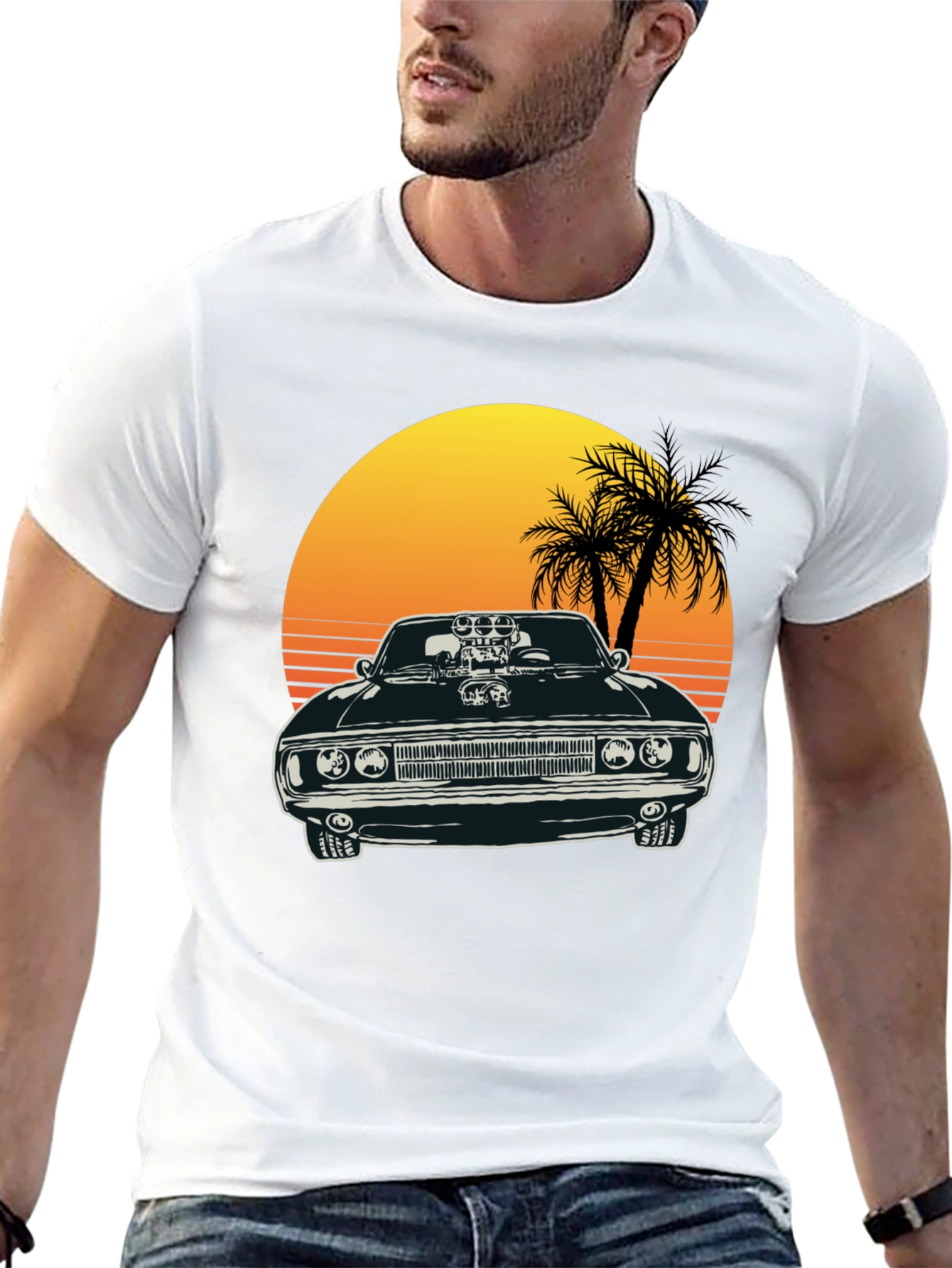 Black Muscle Car Sunset T-Shirt view 13