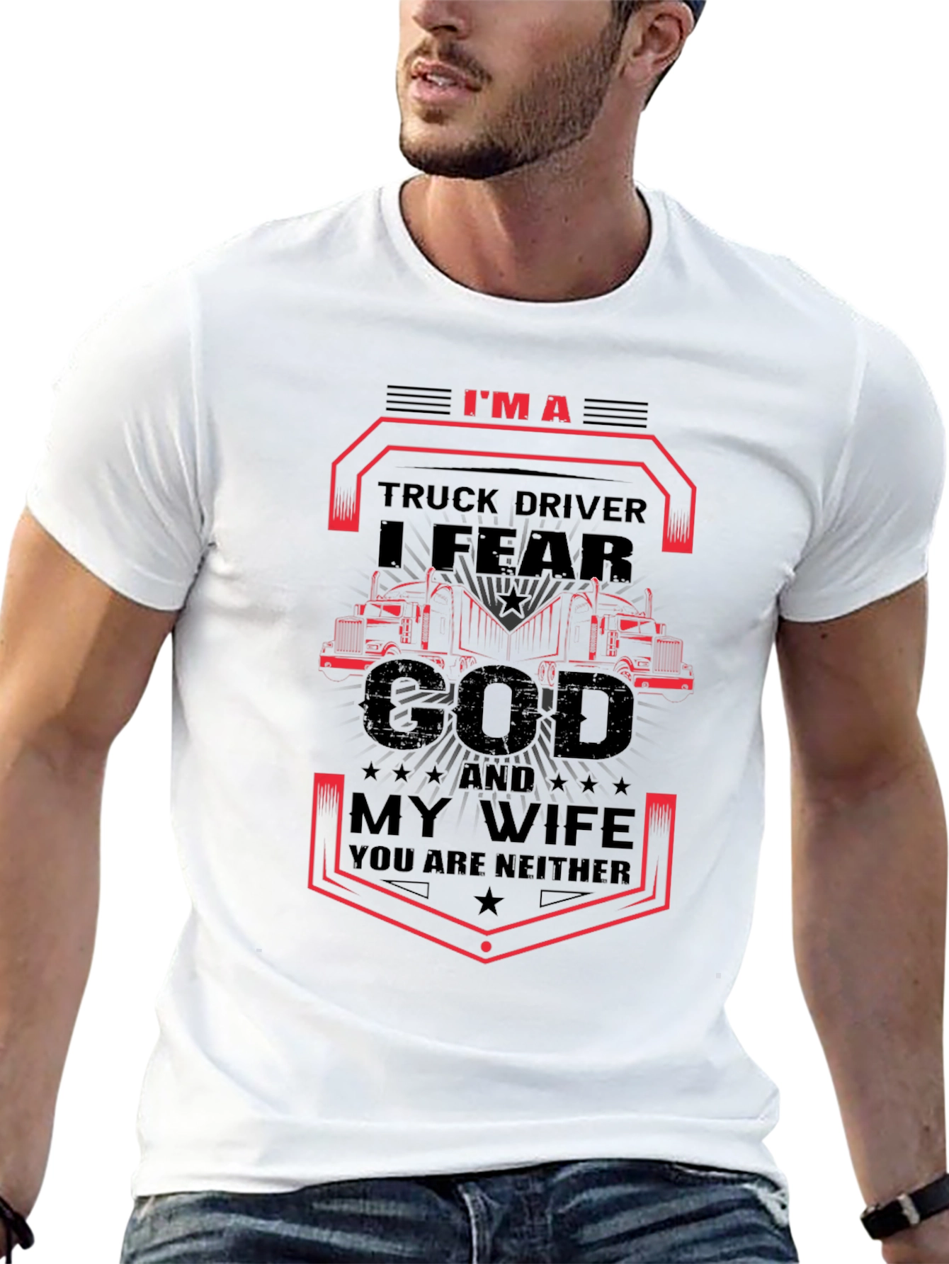 Black I Fear God & My Wife Trucker T-Shirt view 13