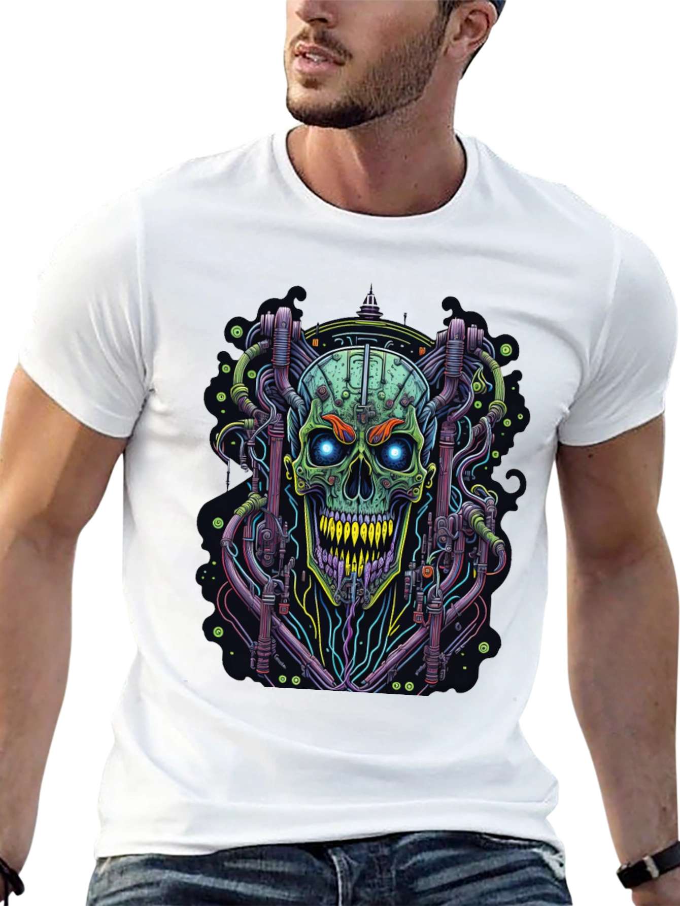 Black Cyberpunk Skull Graphic Tee - Edgy Design view 13