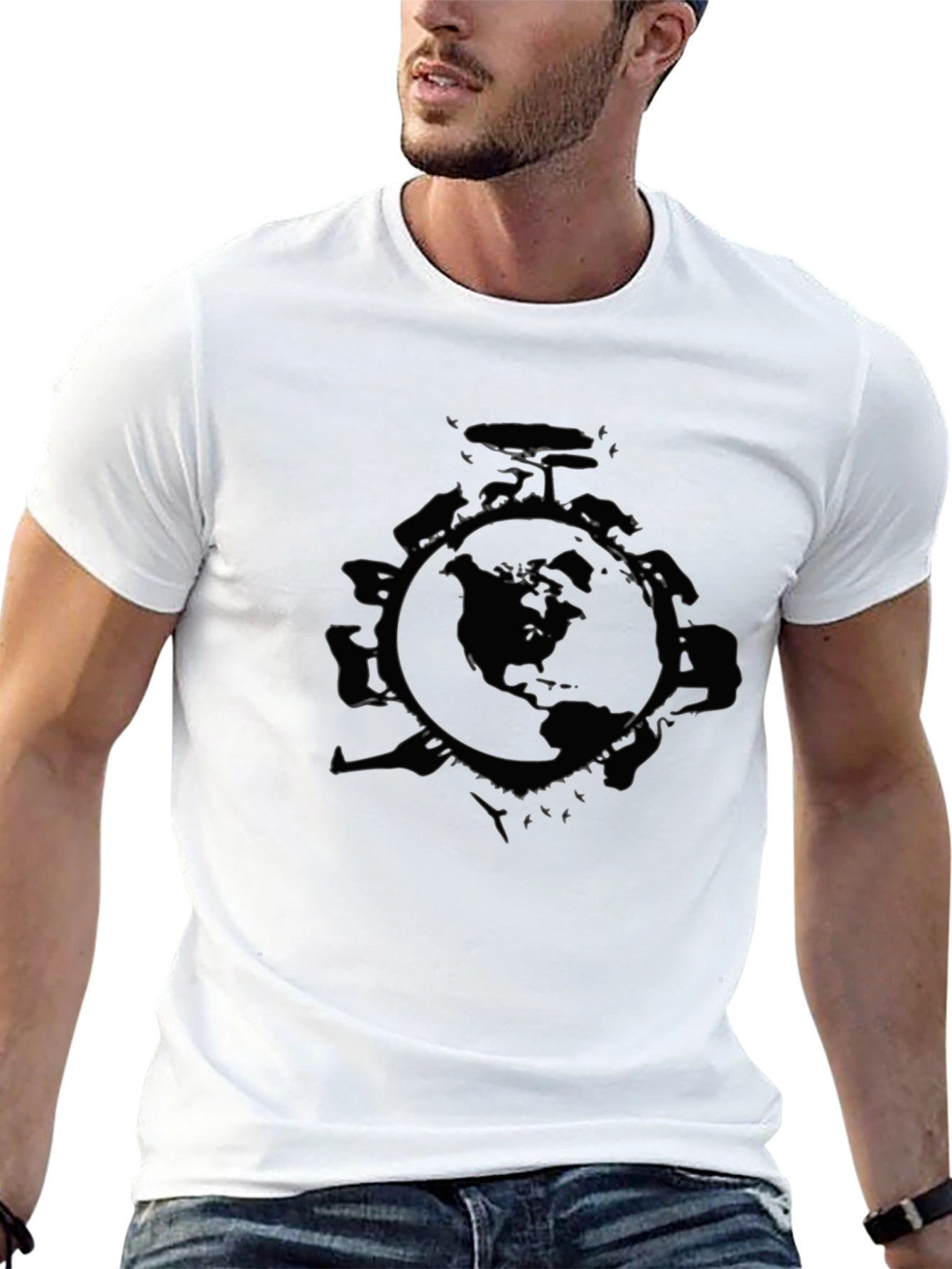 Black Globe Earth T-Shirt - Black Cotton Tee view 13