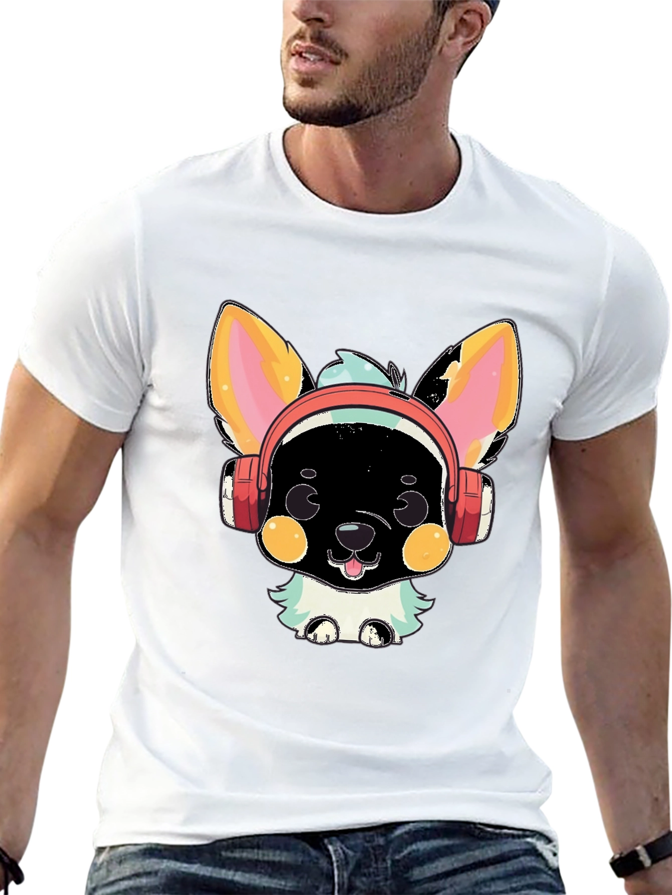 Black Cute Cartoon Animal with Headphones Graphic T-Shirt view 13