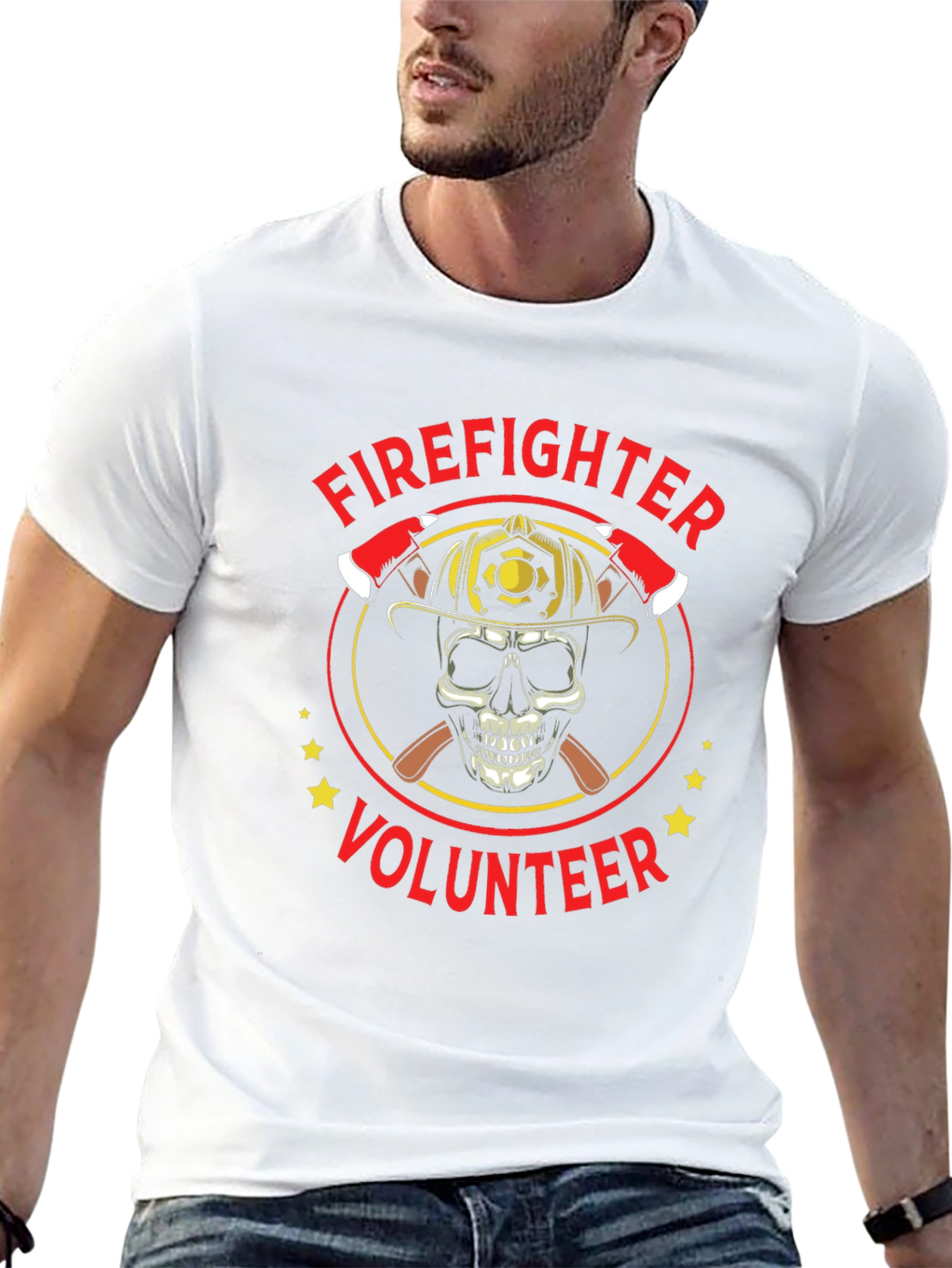 Black Firefighter Volunteer Skull Graphic Tee - Black Cotton Shirt view 13
