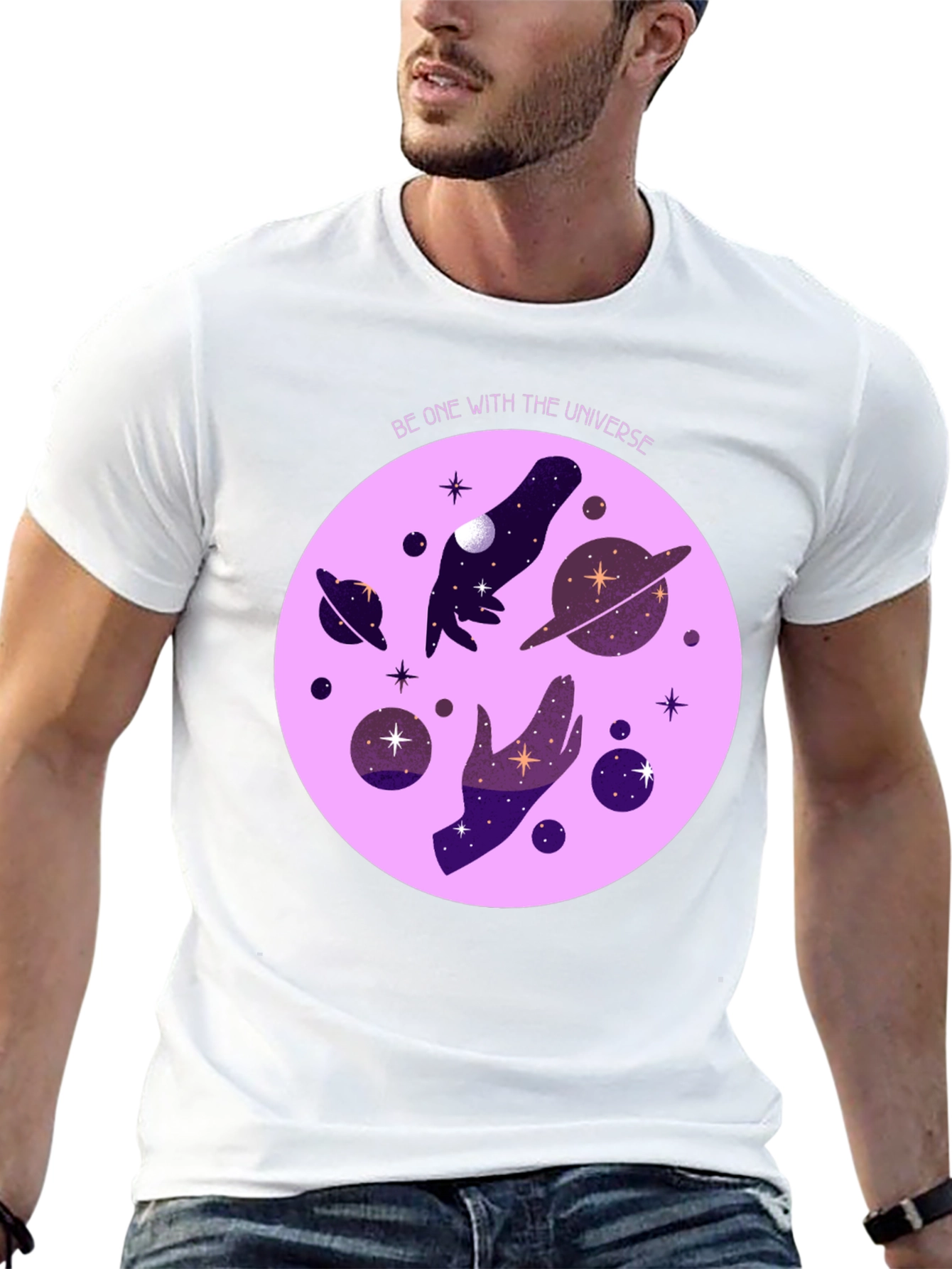 Black Cosmic Universe Graphic T-Shirt - Celestial Hands Design view 13