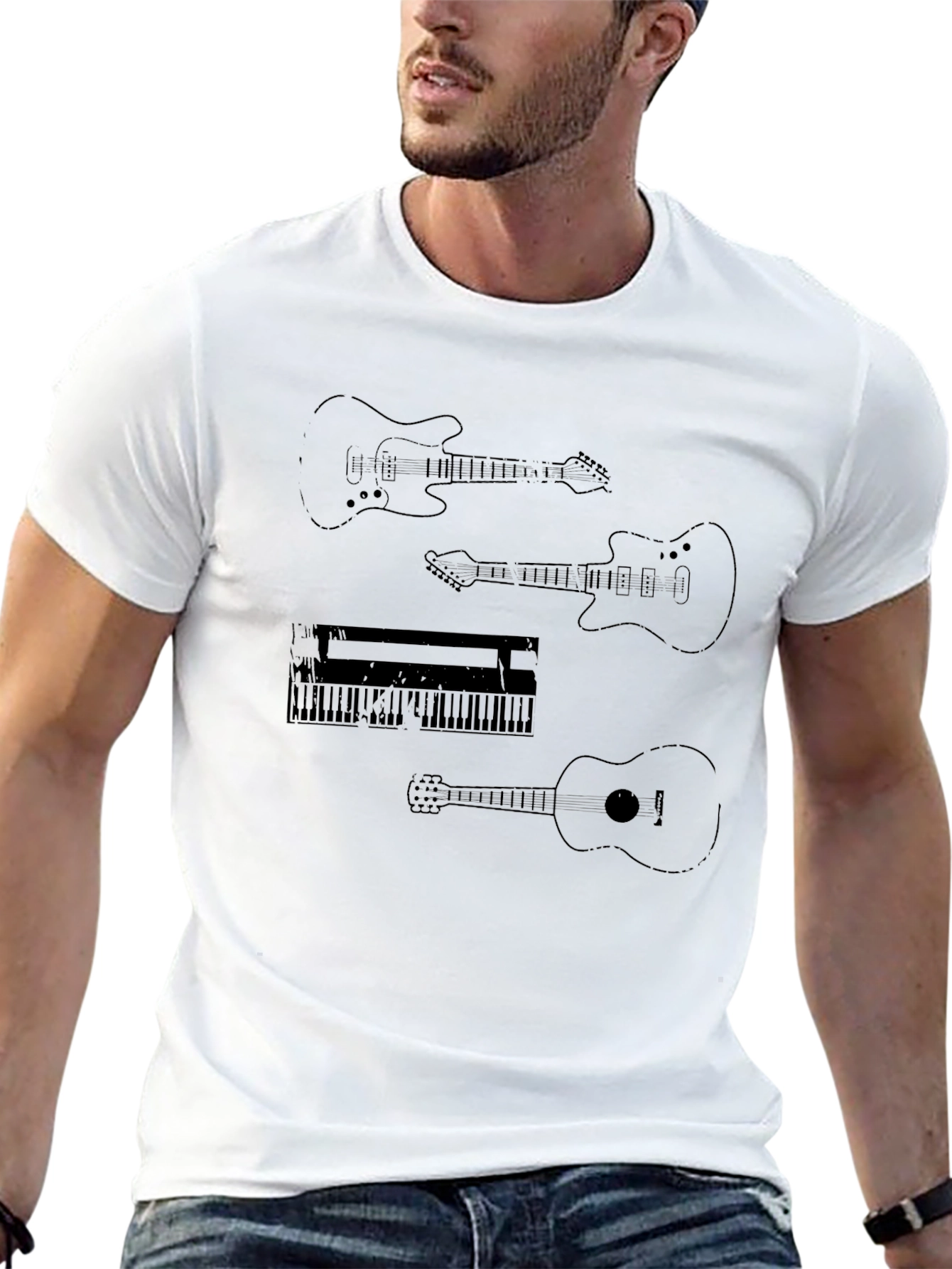 Black Music Instrument T-Shirt: Guitar & Keyboard Design view 13