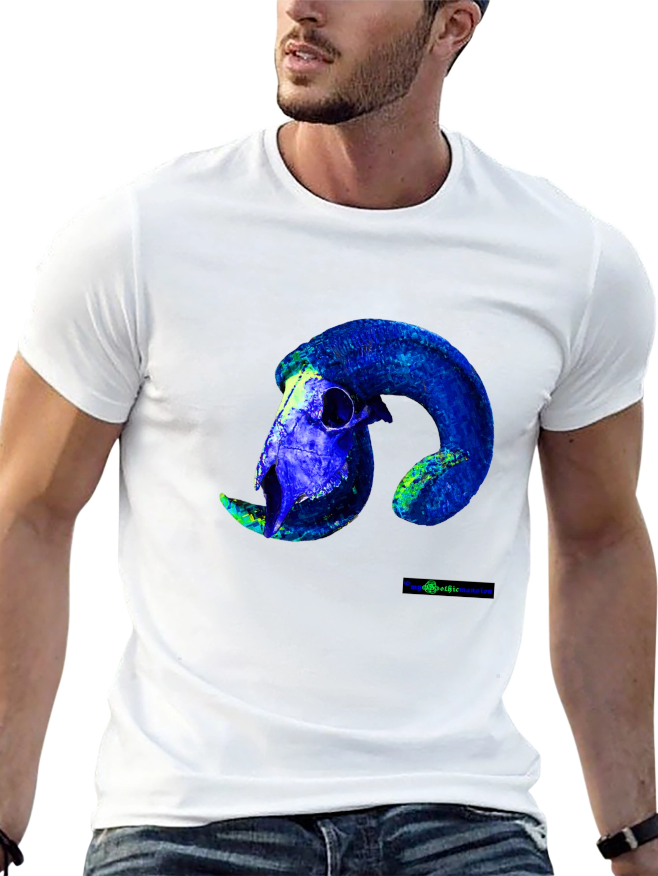 Black Ram Skull Graphic Tee - Bold Blue Design view 13