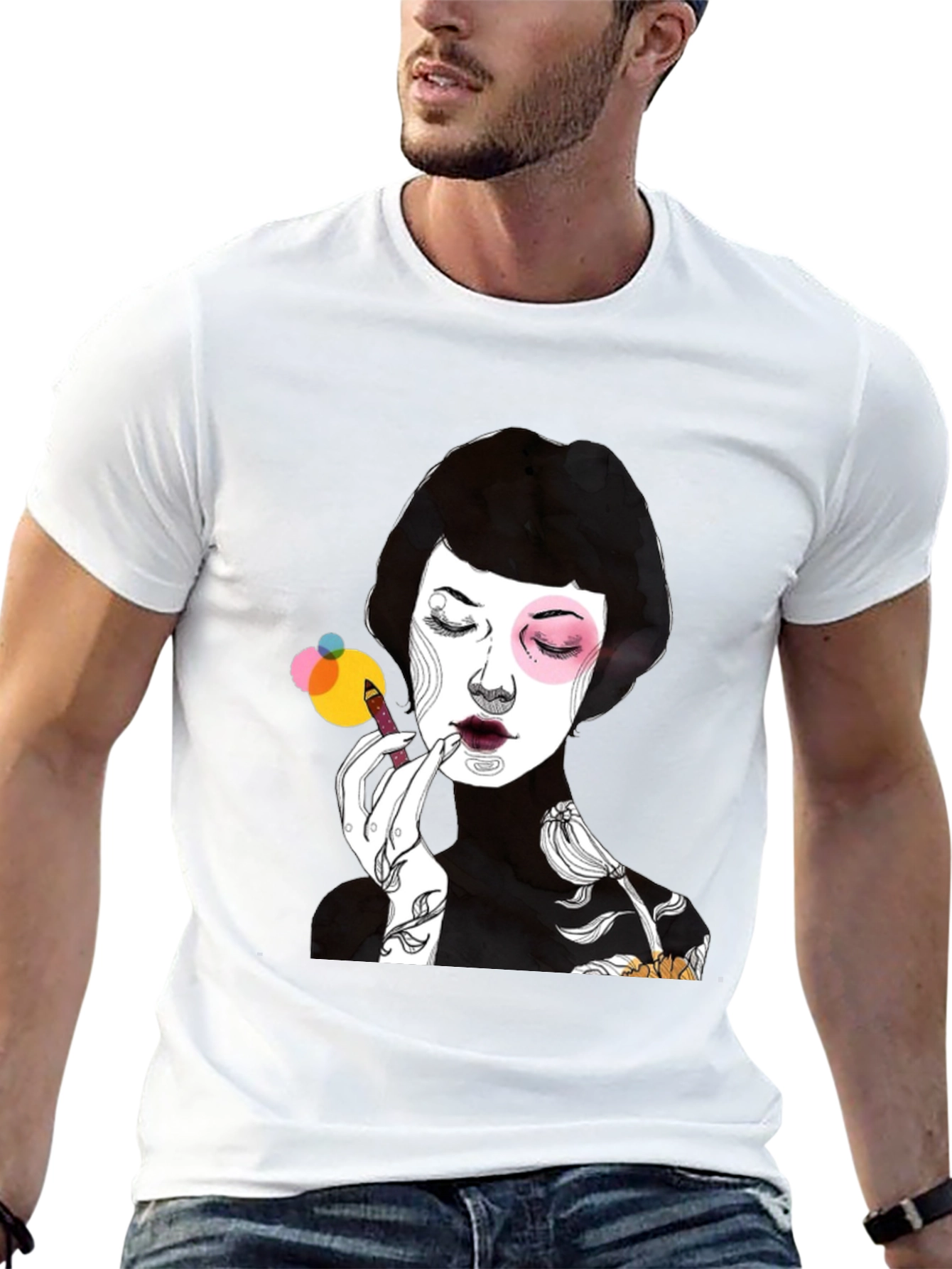 Black Graphic Print Black T-Shirt - Woman Applying Makeup view 13