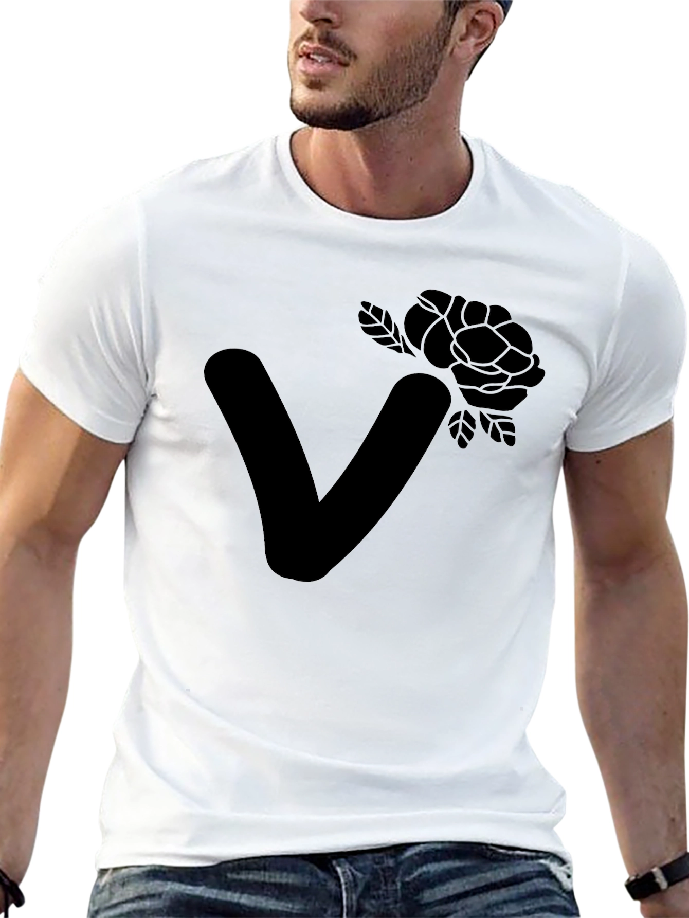 Black Stylish Black T-Shirt with Floral Letter V Design view 13