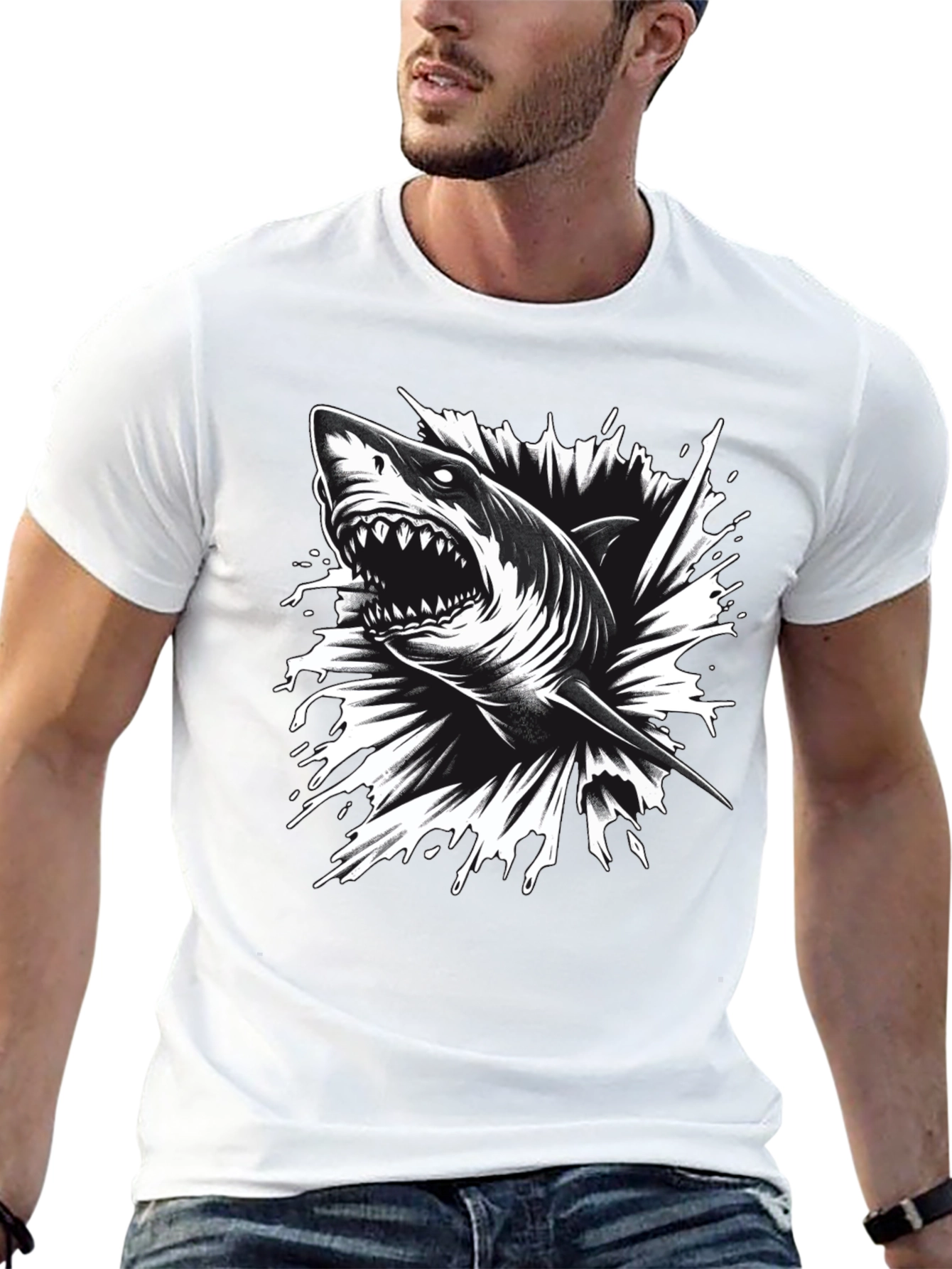 Black Men's Black Shark Graphic Tee - Bold & Edgy! view 13