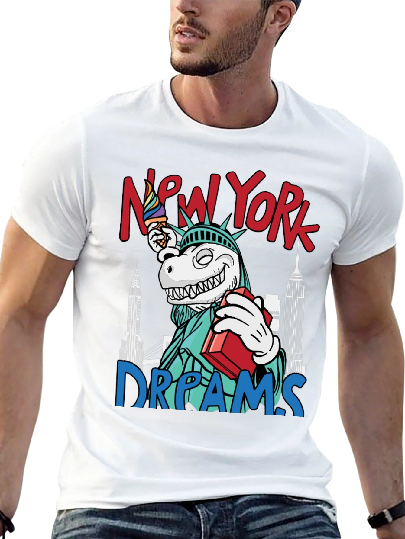 Black New York Dreams T-Shirt: Dinosaur Liberty Funny Tee view 13