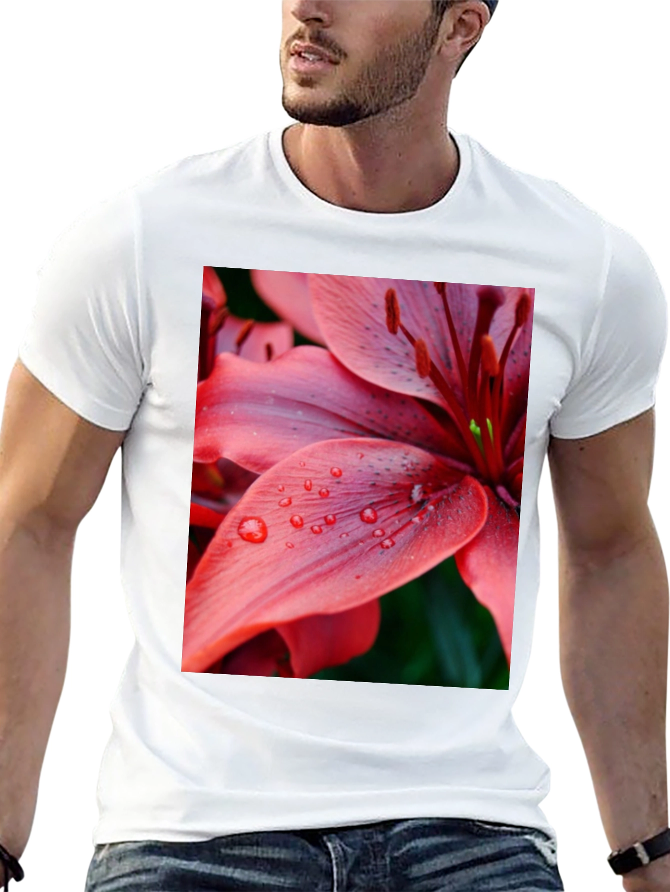 Black Floral Print T-Shirt - Red Lily Design view 13