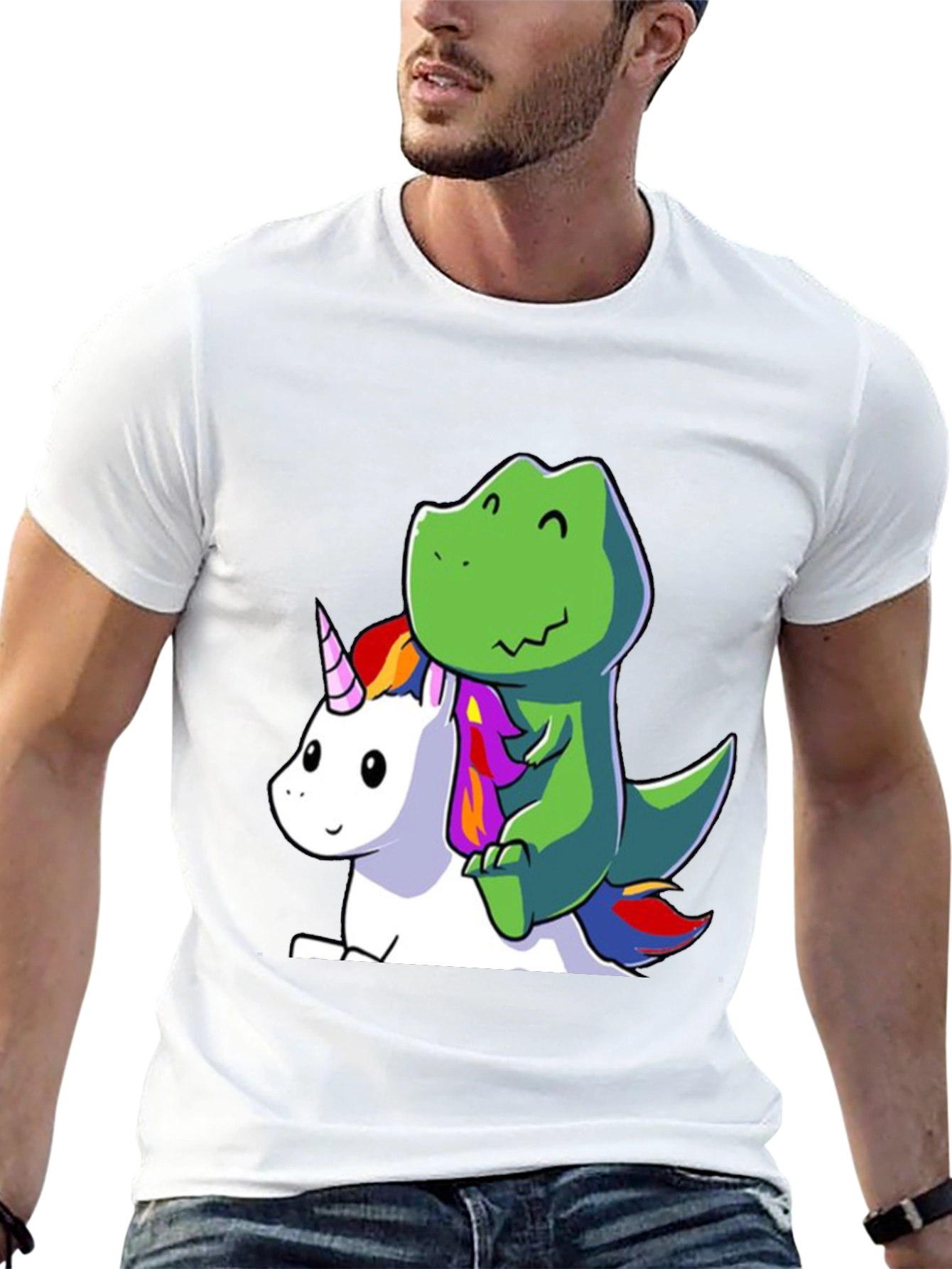 Black Dino Riding Unicorn T-Shirt - Cute Cartoon Design view 13